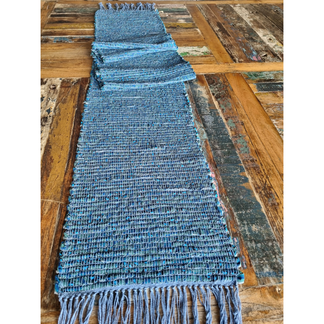 Handwoven blue fabric table runner