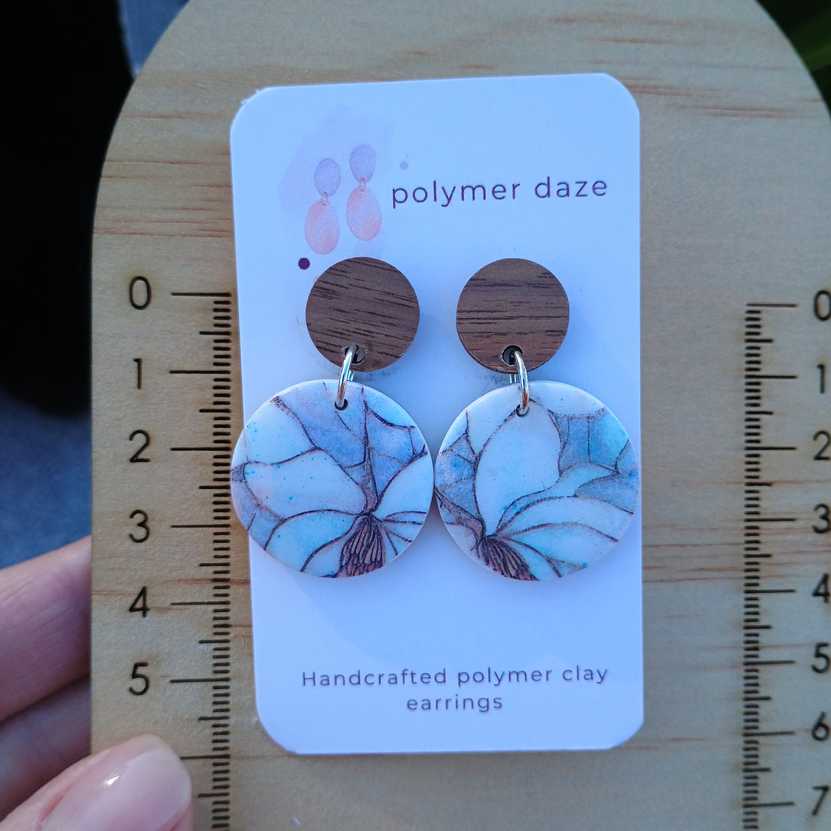 Marble floral earrings with natural wood stud top
