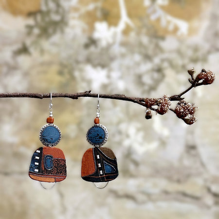Earrings Asymmetrical Rust Blue Black Silver - EE-191