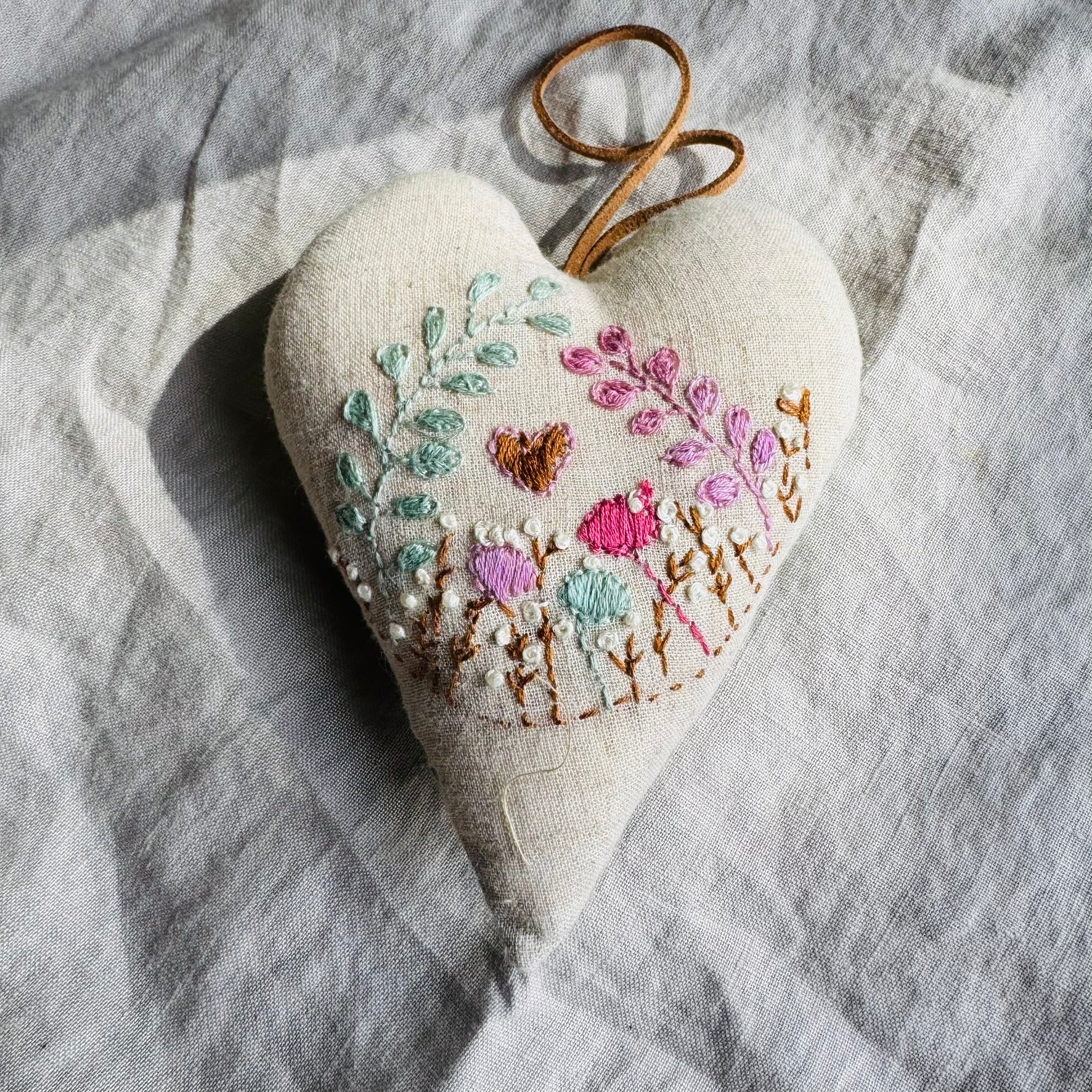 Hand Embroidered Heart filled with Australian wool - love