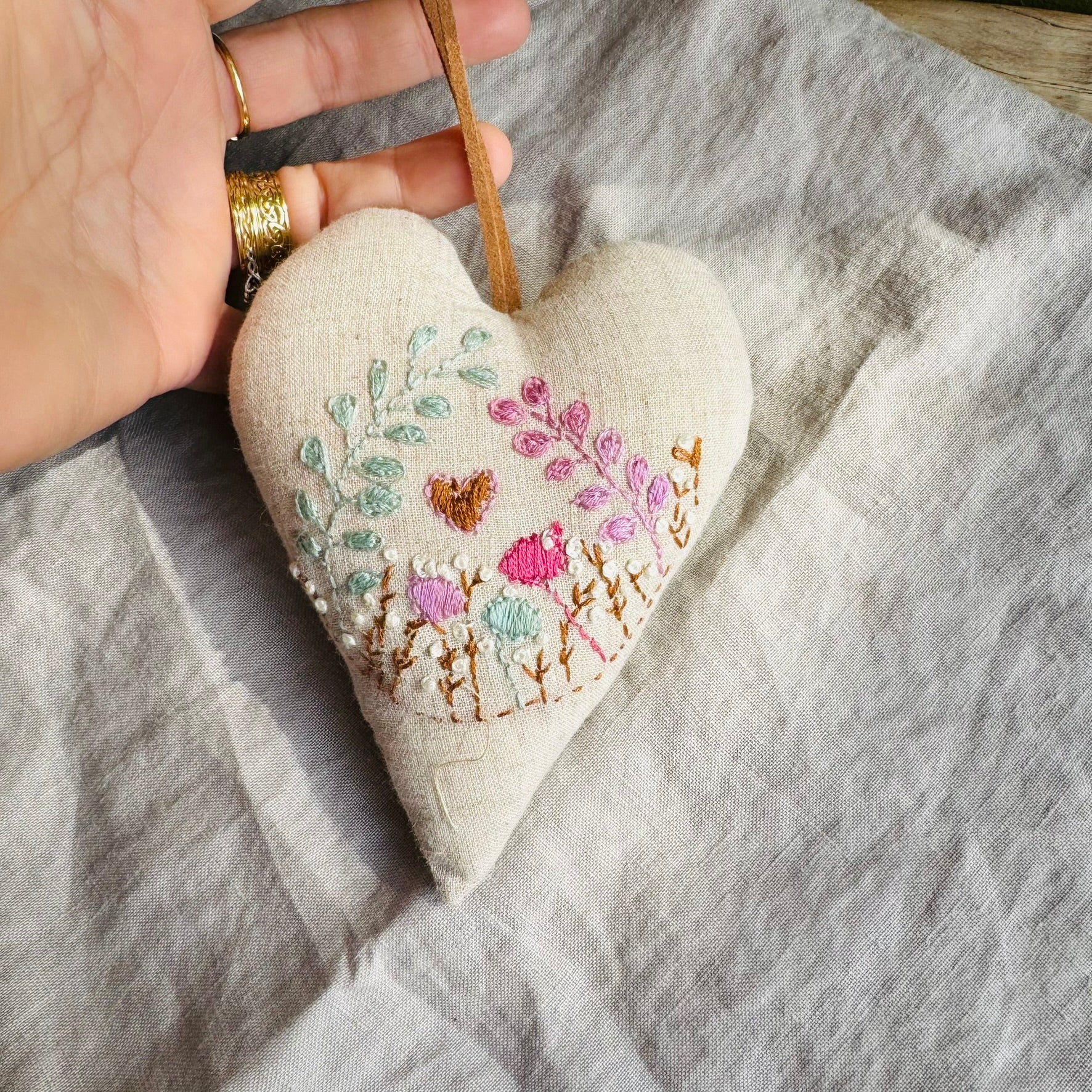 Hand Embroidered Heart filled with Australian wool - love