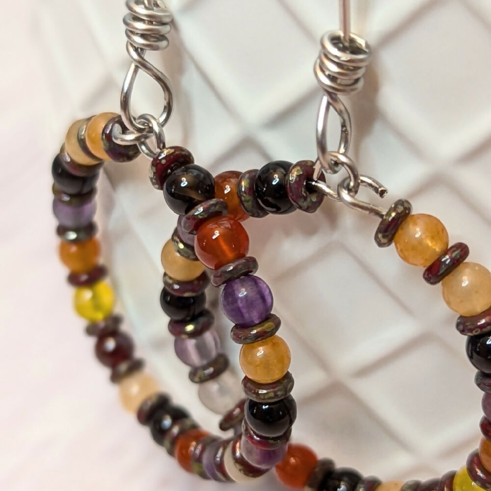 Boho mixed gemstone earrings with handmade stainless steel hooks