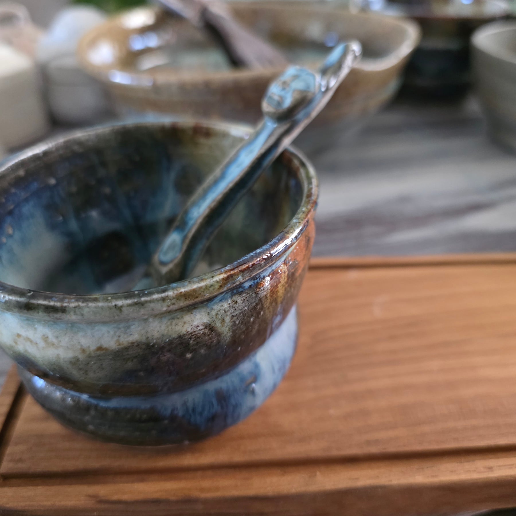 Handmade Rustic Ceramic Bowl, Spoon & Timber Board Set