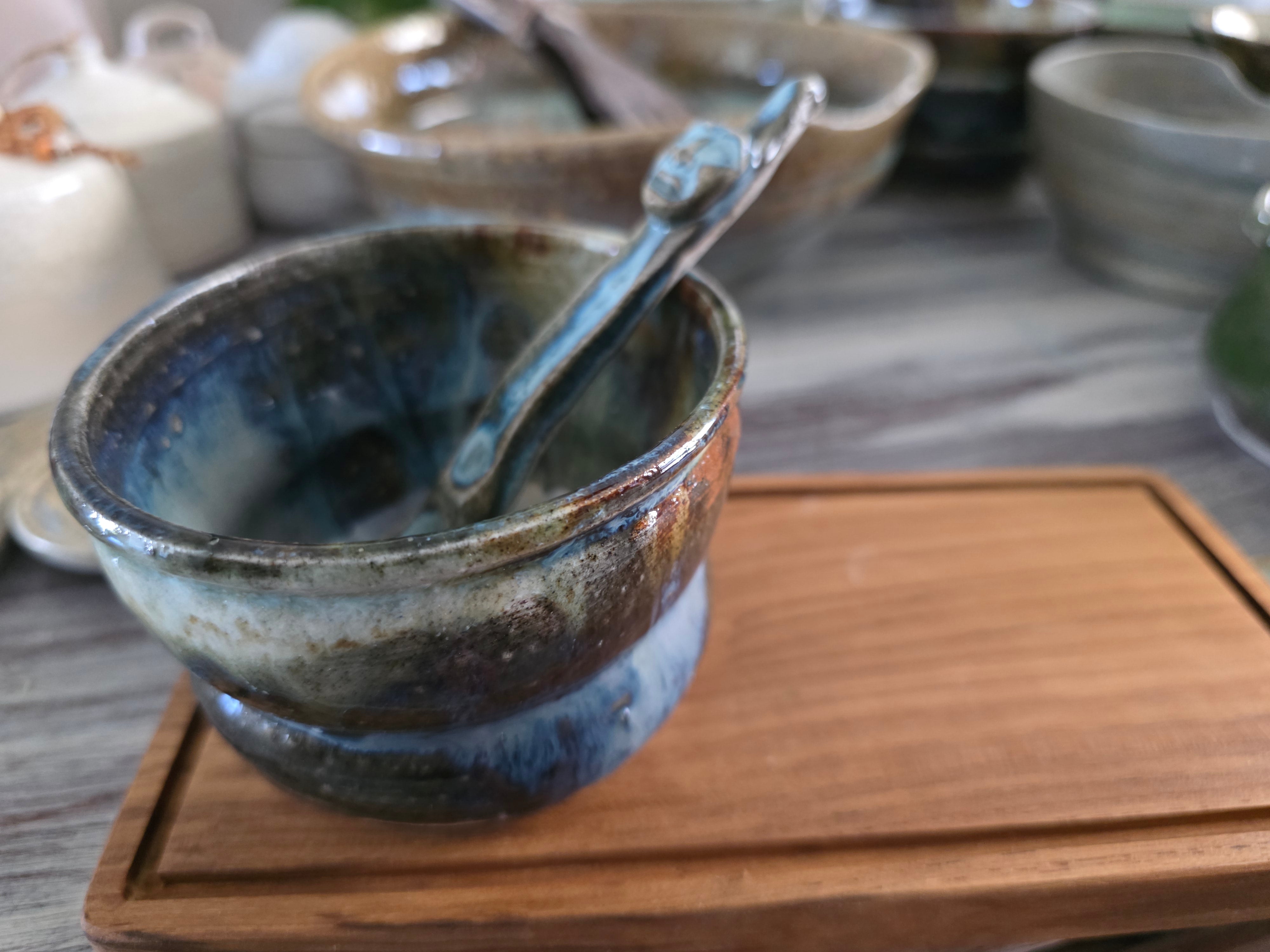 Handmade Rustic Ceramic Bowl, Spoon & Timber Board Set