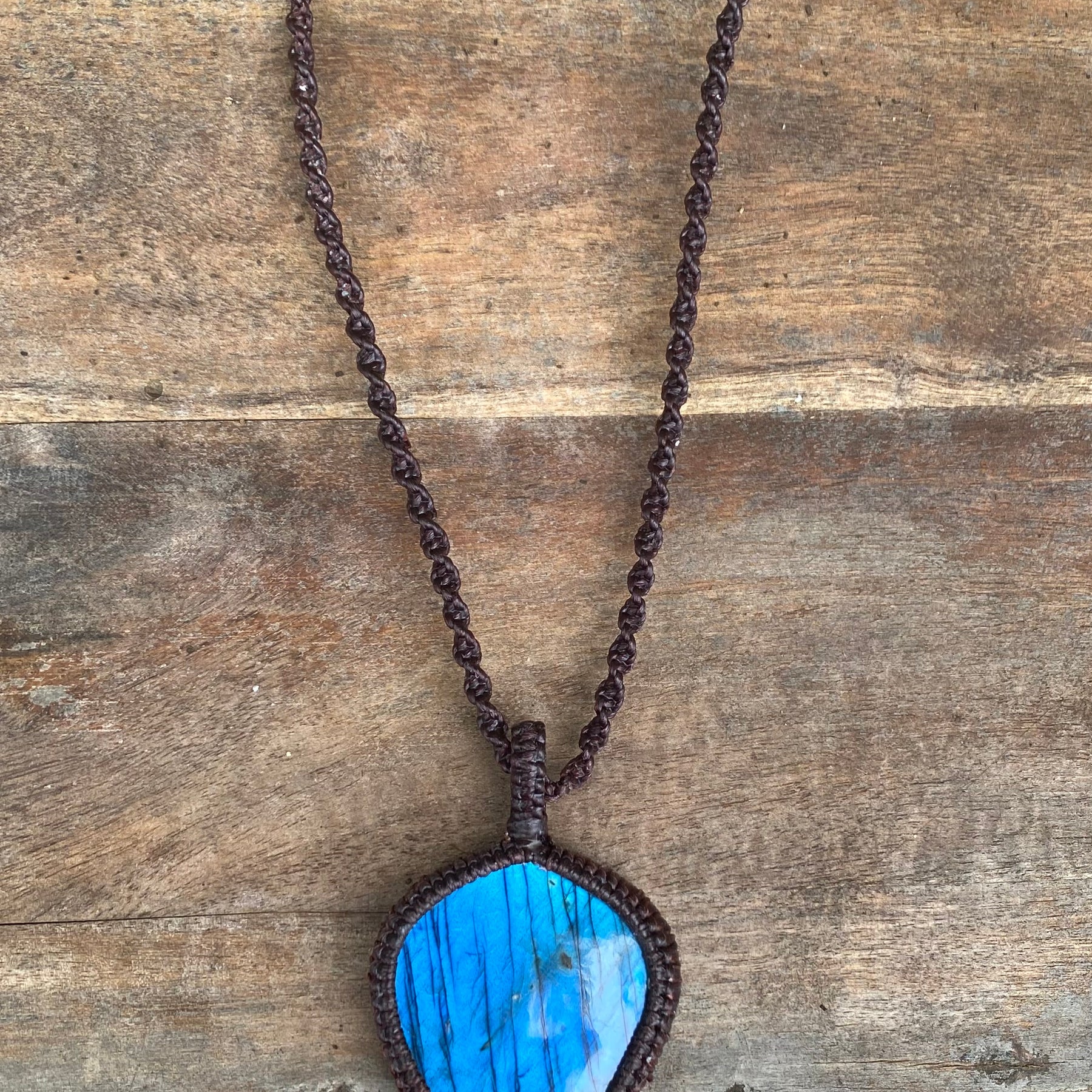 Labradorite Pendant: Blue flash Beaded Macrame, Adjustable Boho Gift