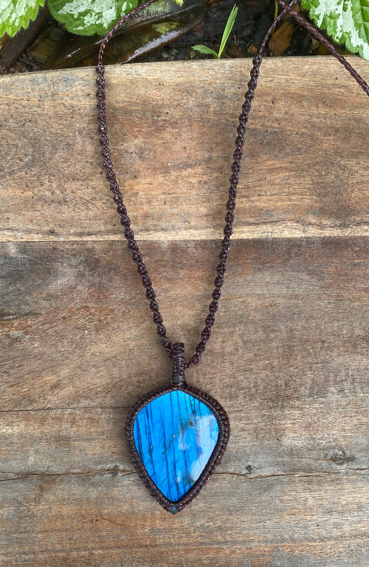 Labradorite Pendant: Blue flash Beaded Macrame, Adjustable Boho Gift