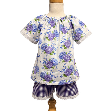 SIZE 4 Hydrangea Floral Blouse & Purple Gingham Lace Shorts Set