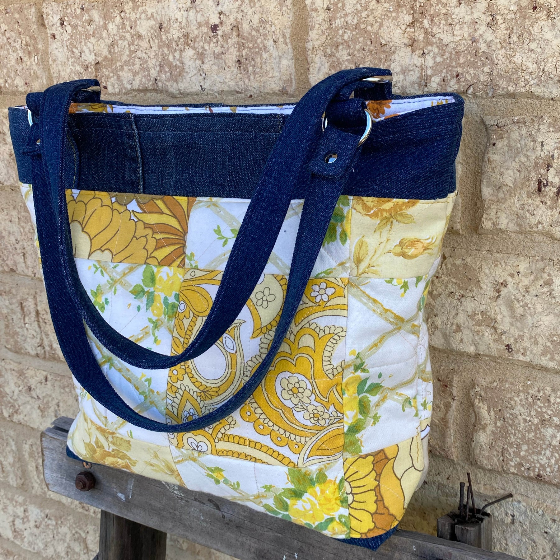 Quilted Sunshine Handmade Tote Bag Upcycled Vintage Fabrics & Denim