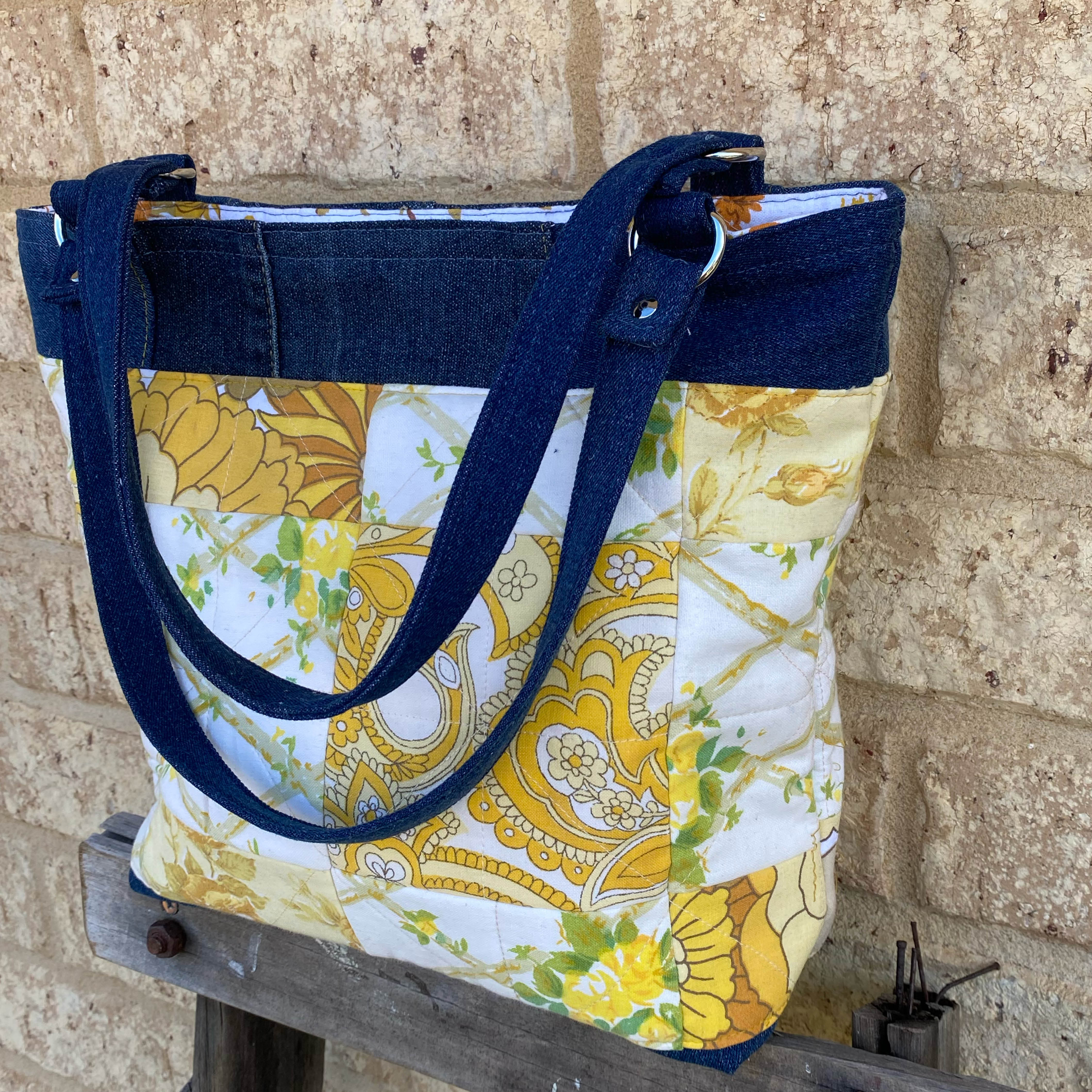 Quilted Sunshine Handmade Tote Bag Upcycled Vintage Fabrics & Denim