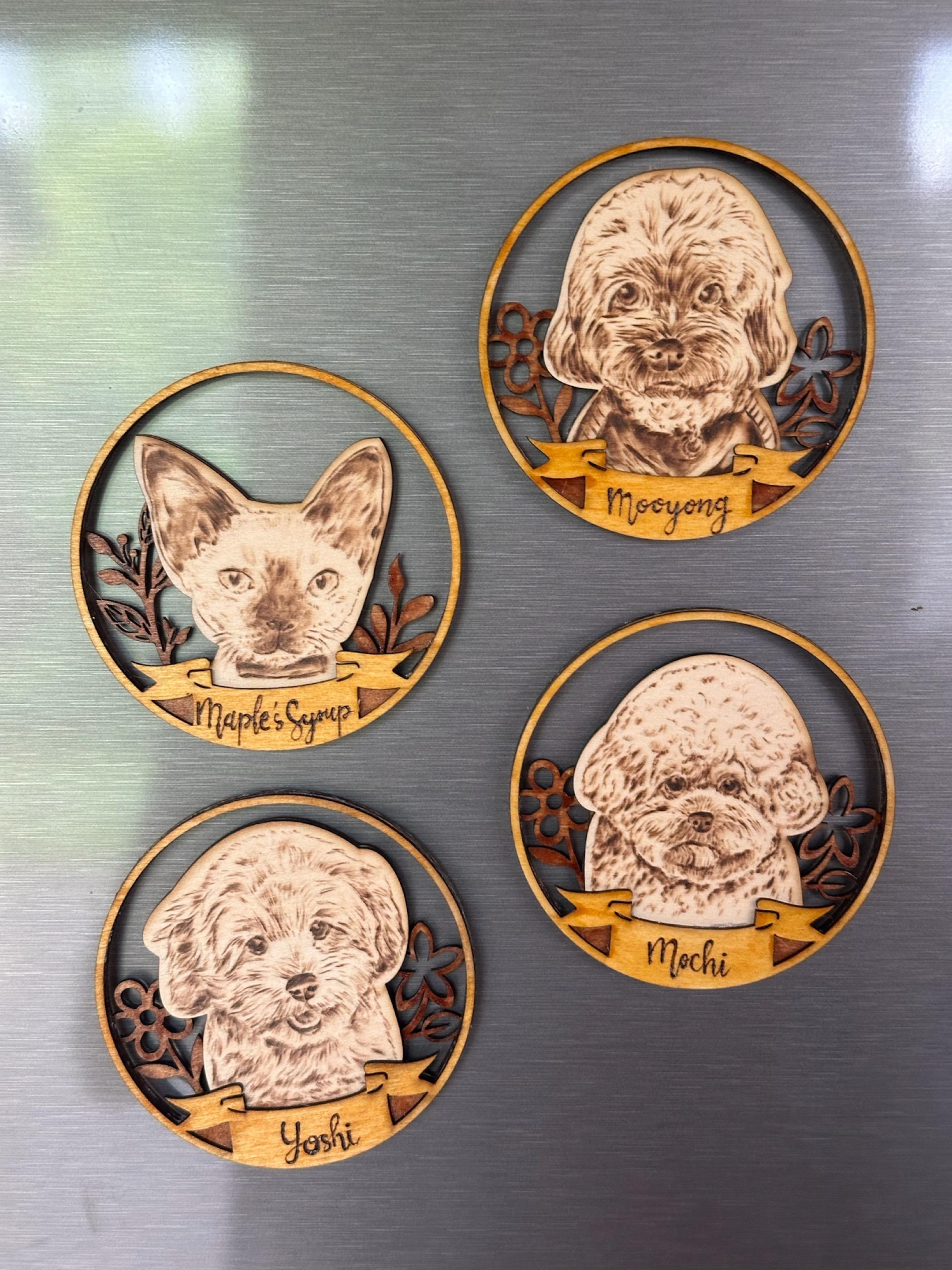 Custom Pet Portrait on Wood Layered Magnet Display – Handmade Pyrography Art