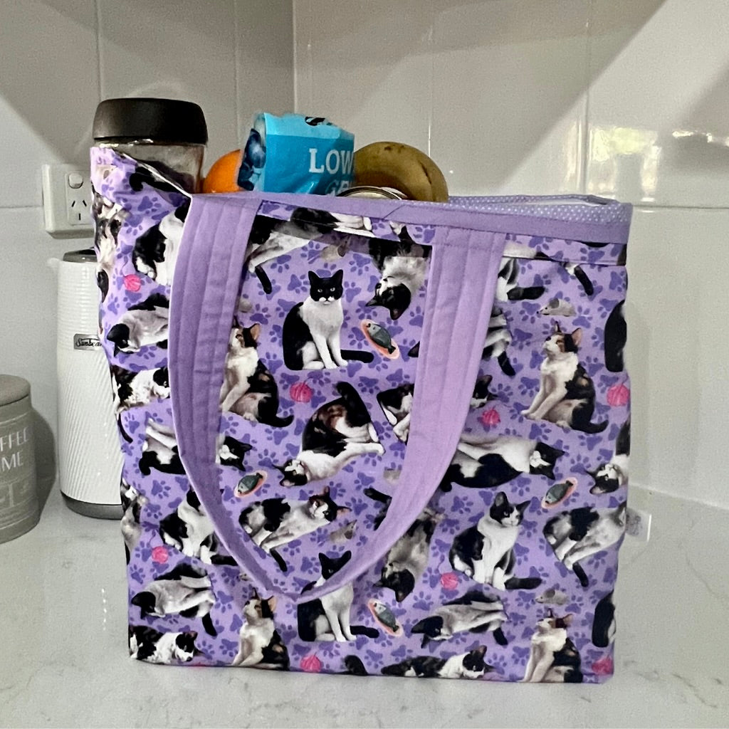 Grocery Tote ... Tuxedo cat ... lined with storage bag