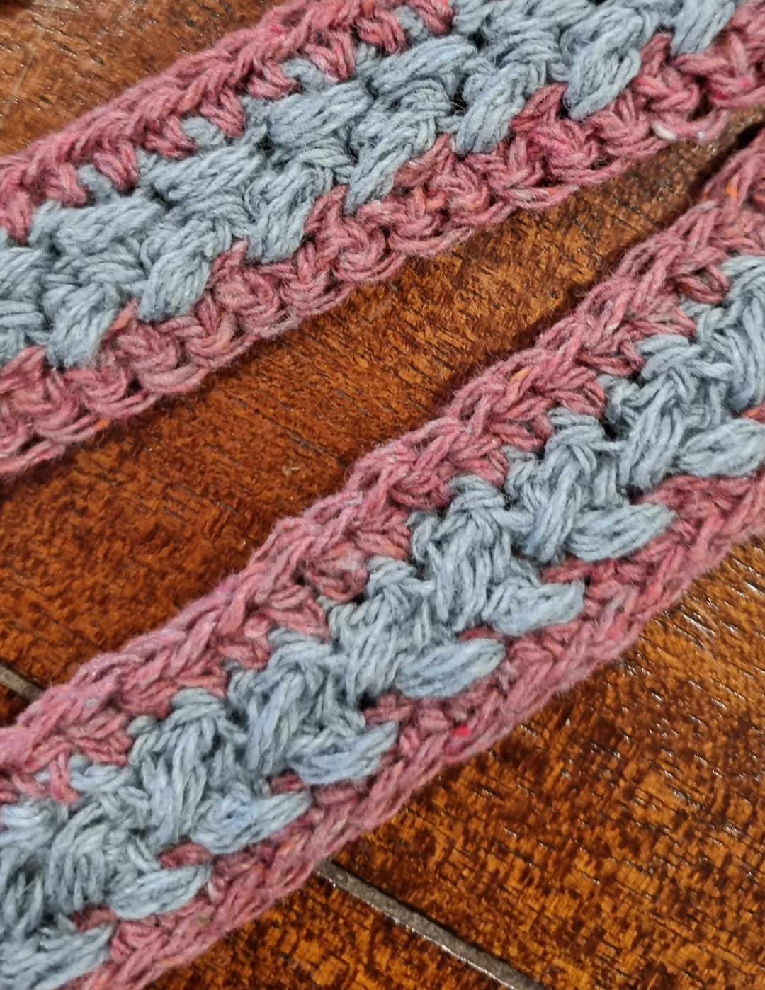 Crochet Lanyard - Pink & Blue upcycled denim yarn