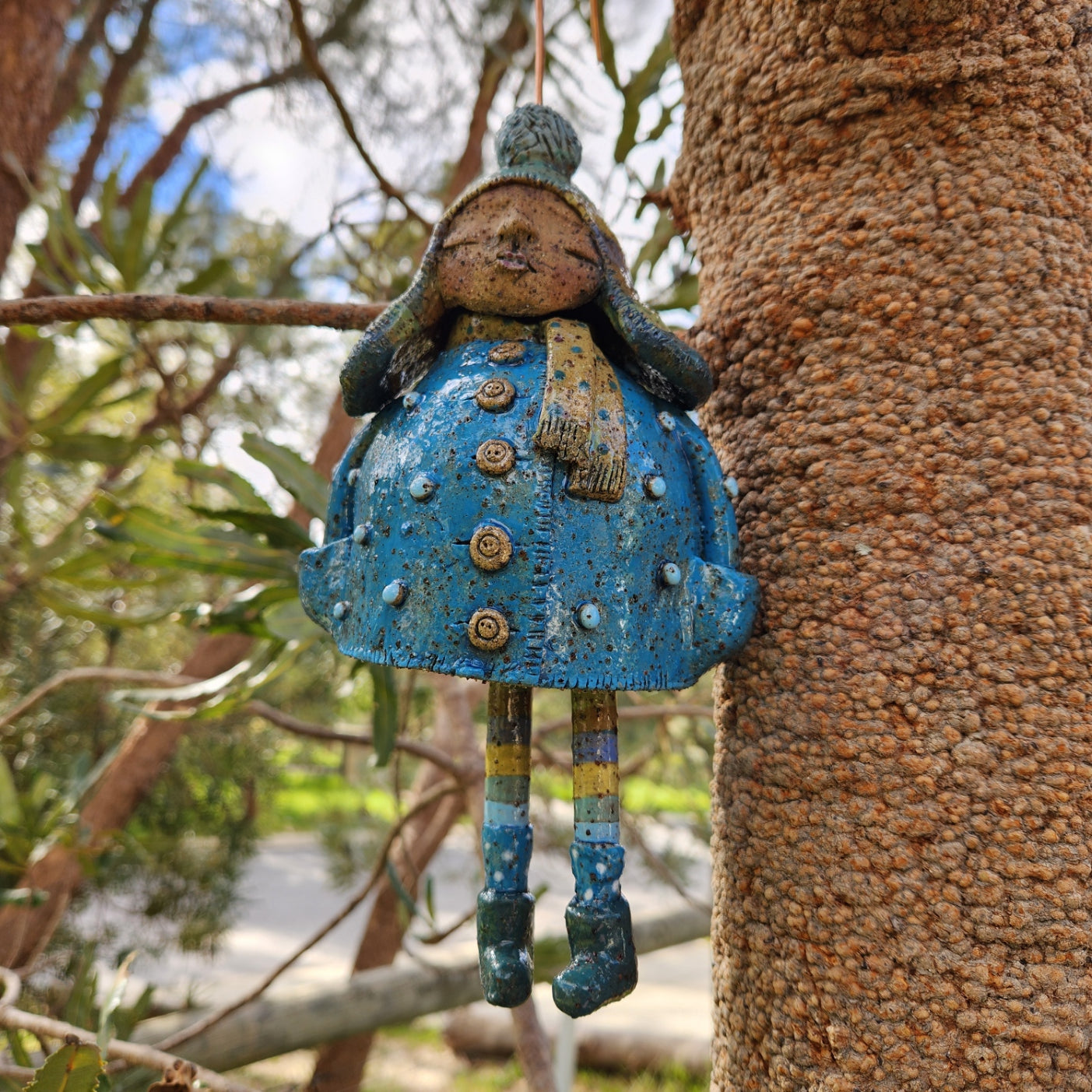 Clay windchime, little girl, blue