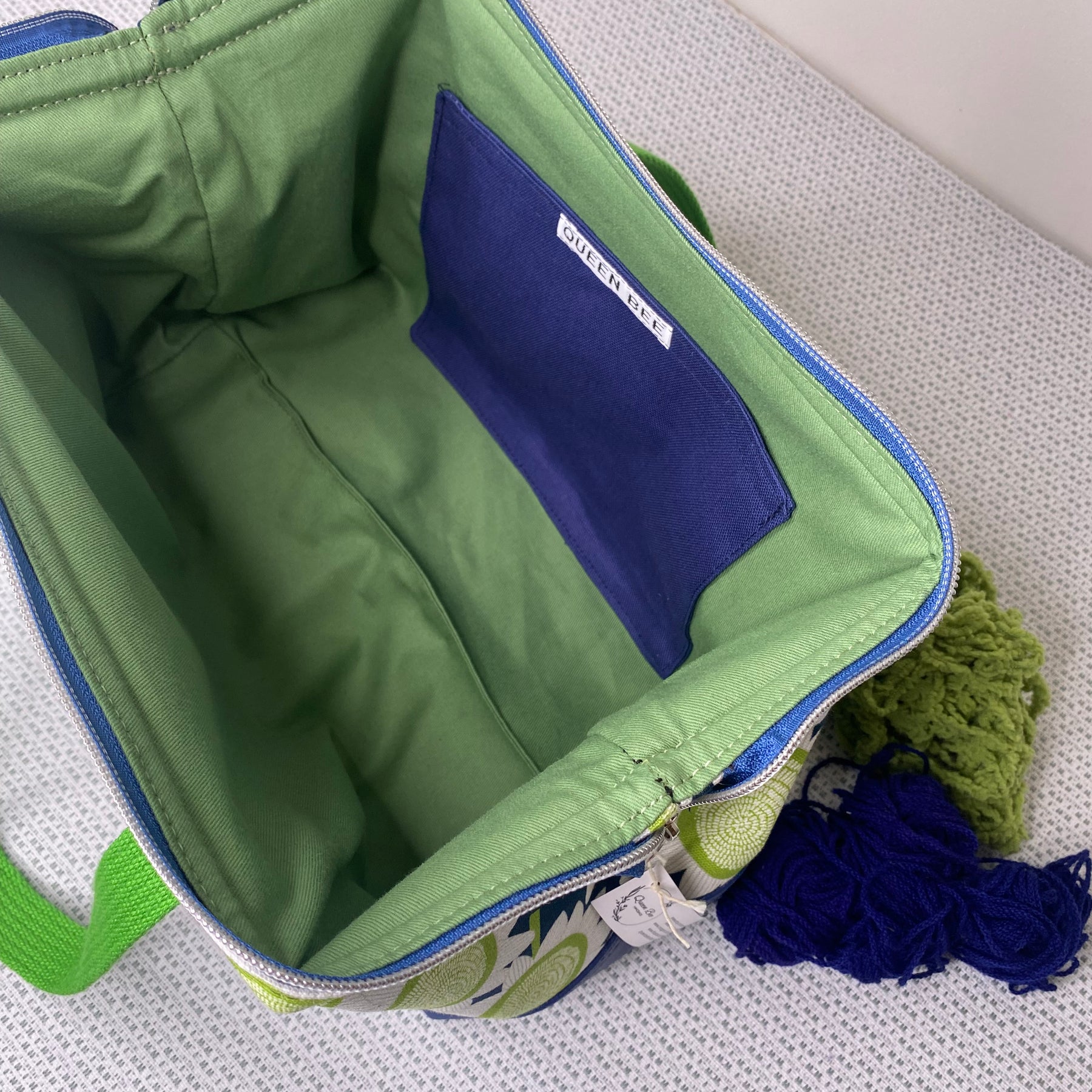 Project Bag - Green Sun Flowers on Navy with a Navy Faux Leather Base