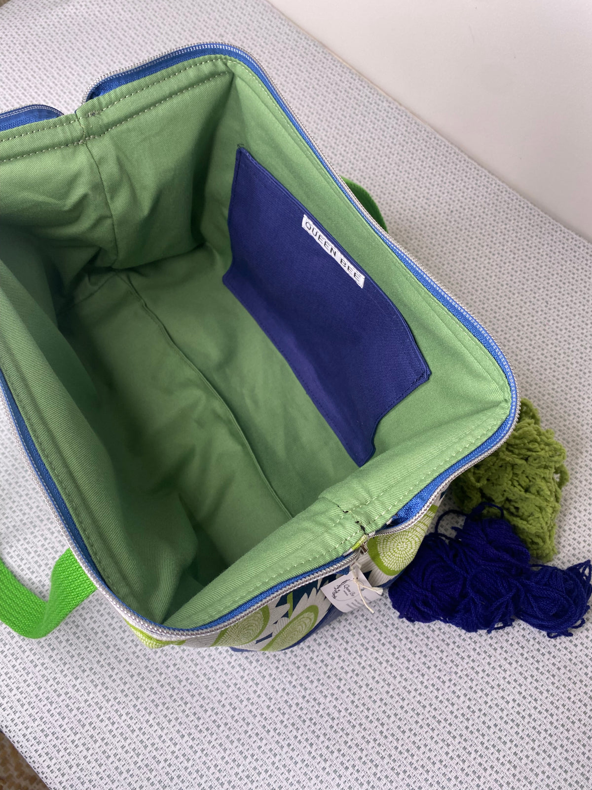 Project Bag - Green Sun Flowers on Navy with a Navy Faux Leather Base