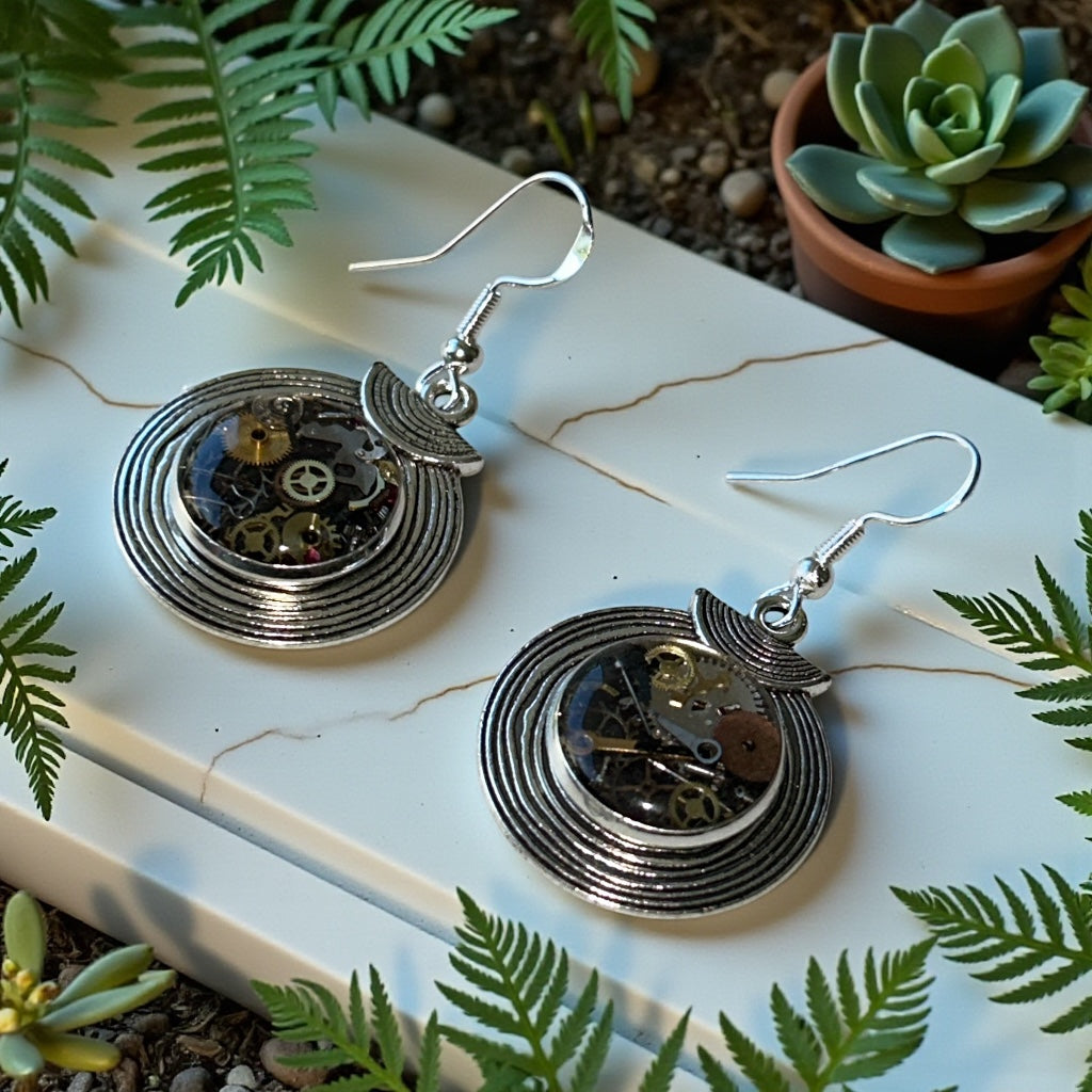 Steampunk watch parts silver shield dangle earrings
