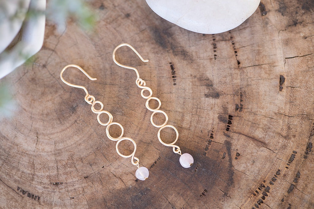 Natural Rose Quartz Gemstone Gold Earrings | Crystal Jewellery