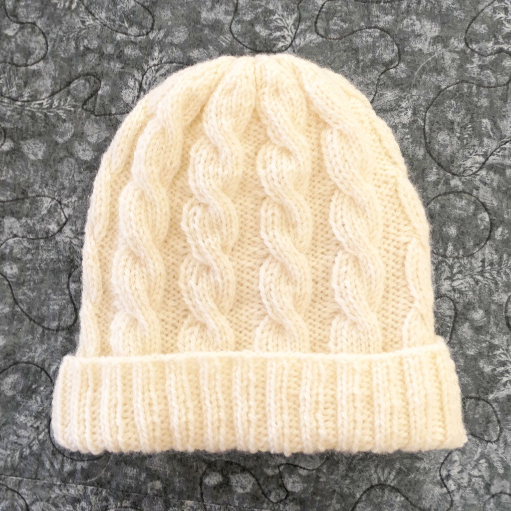 Beanie: Adult, handmade, woollen.  Cabled design. White, Unisex