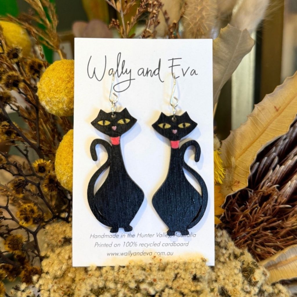 Retro Mid-Century Black Cat Hand Painted Earrings