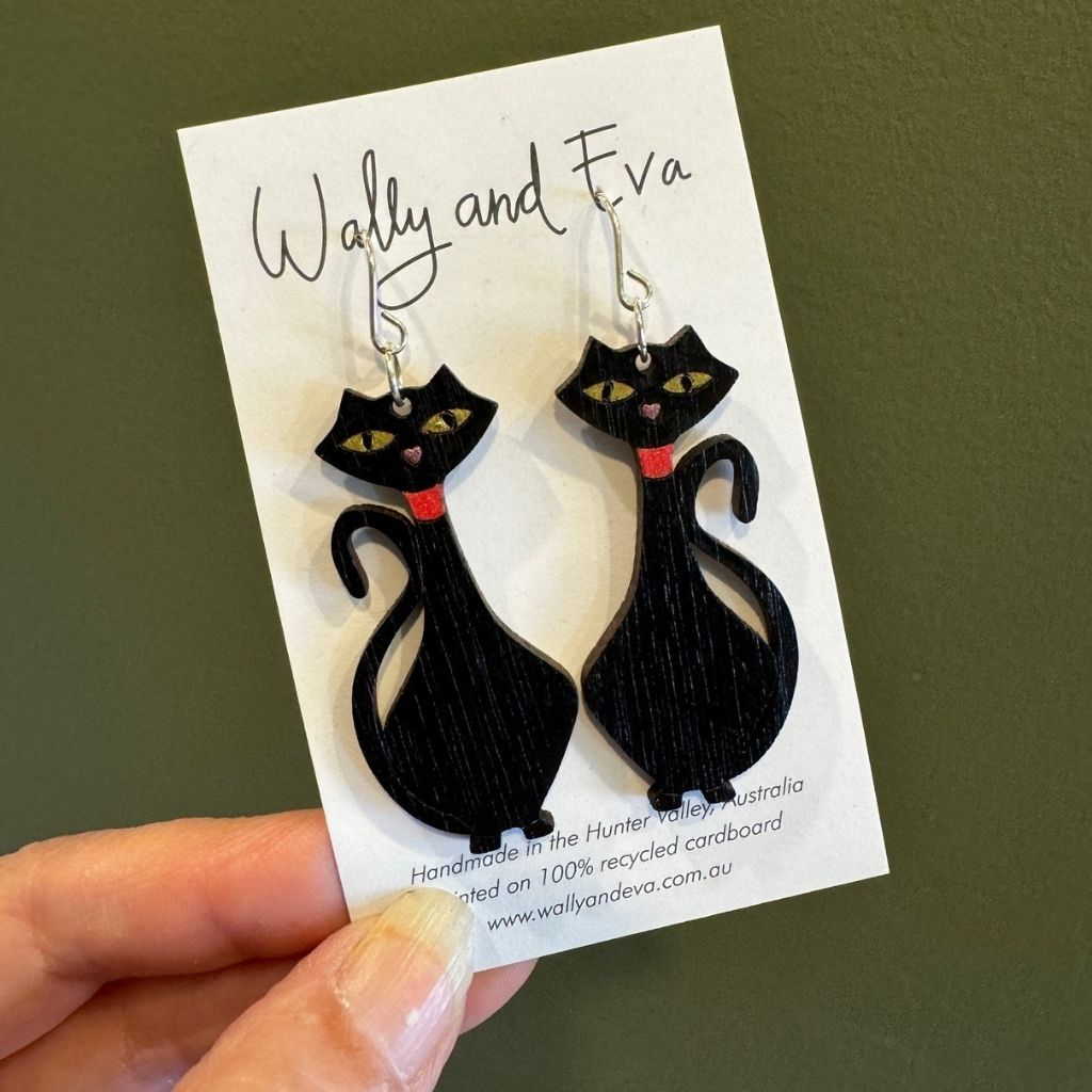Retro Mid-Century Black Cat Hand Painted Earrings