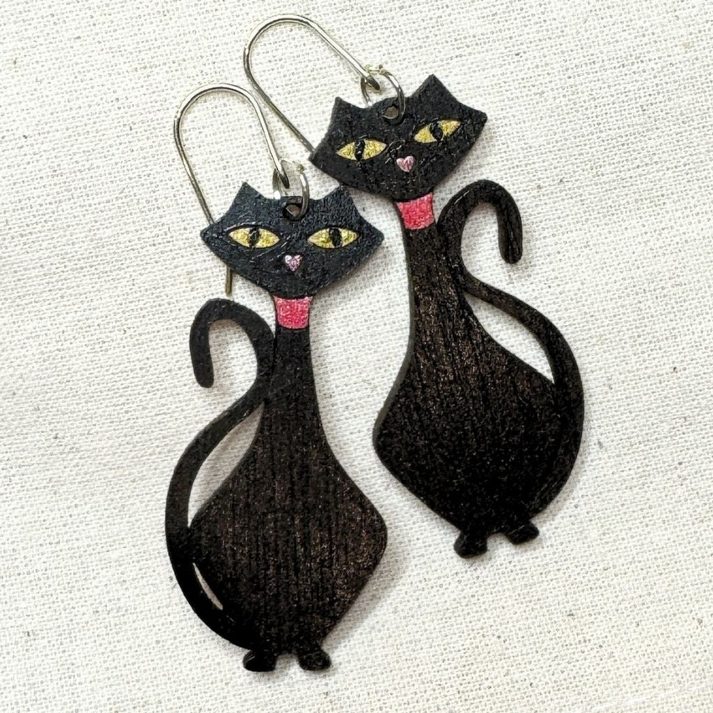 Retro Mid-Century Black Cat Hand Painted Earrings