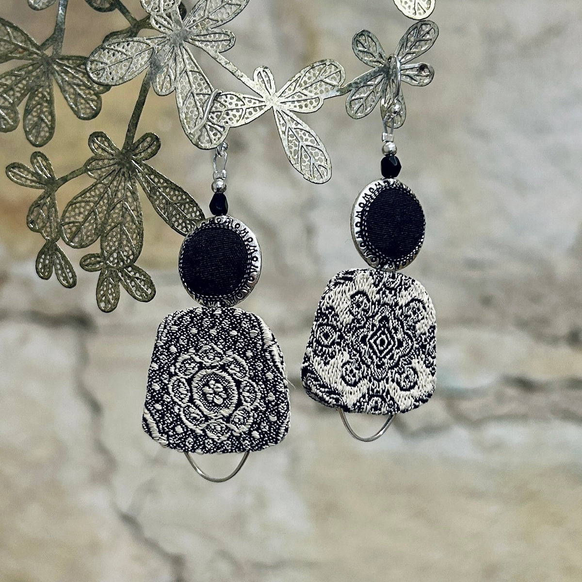 Earrings Upcycled Textile Black Beige Silver Detail - EBW-118