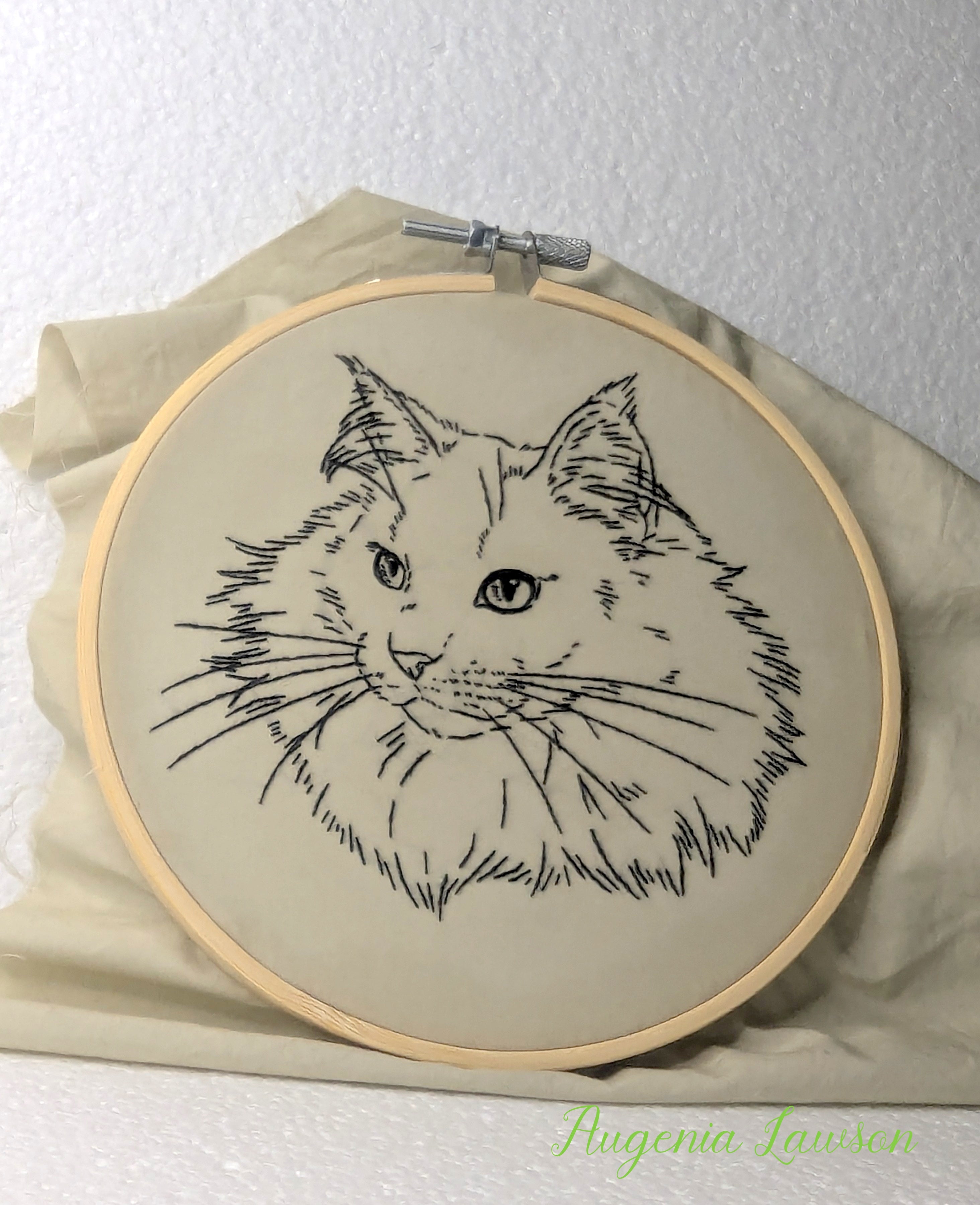 Hand-Embroidered Pet Outline Art – Cat or Dog Design – Black Thread on Neutral Fabric – Wall Hoop Decor