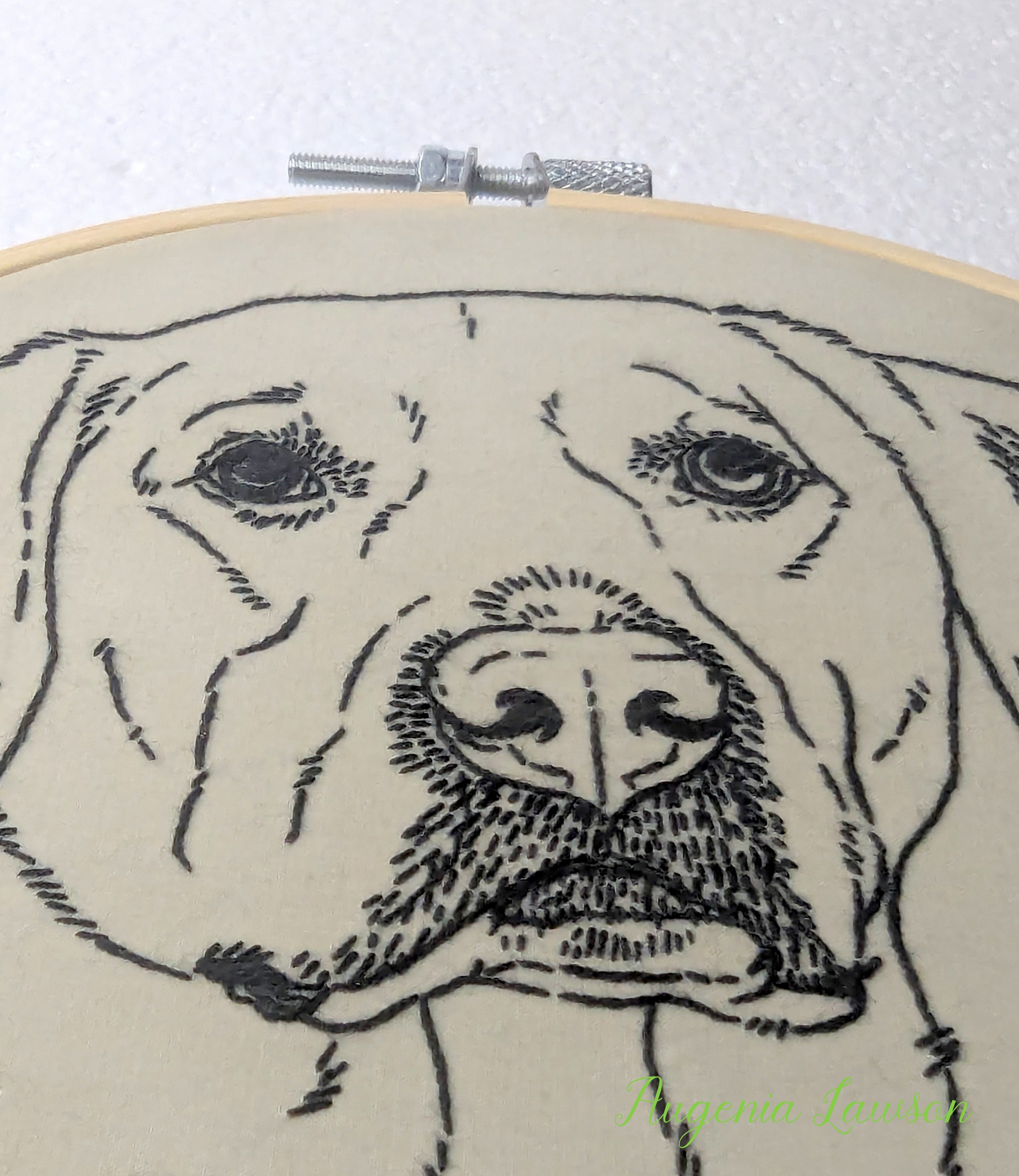 Hand-Embroidered Pet Outline Art – Cat or Dog Design – Black Thread on Neutral Fabric – Wall Hoop Decor