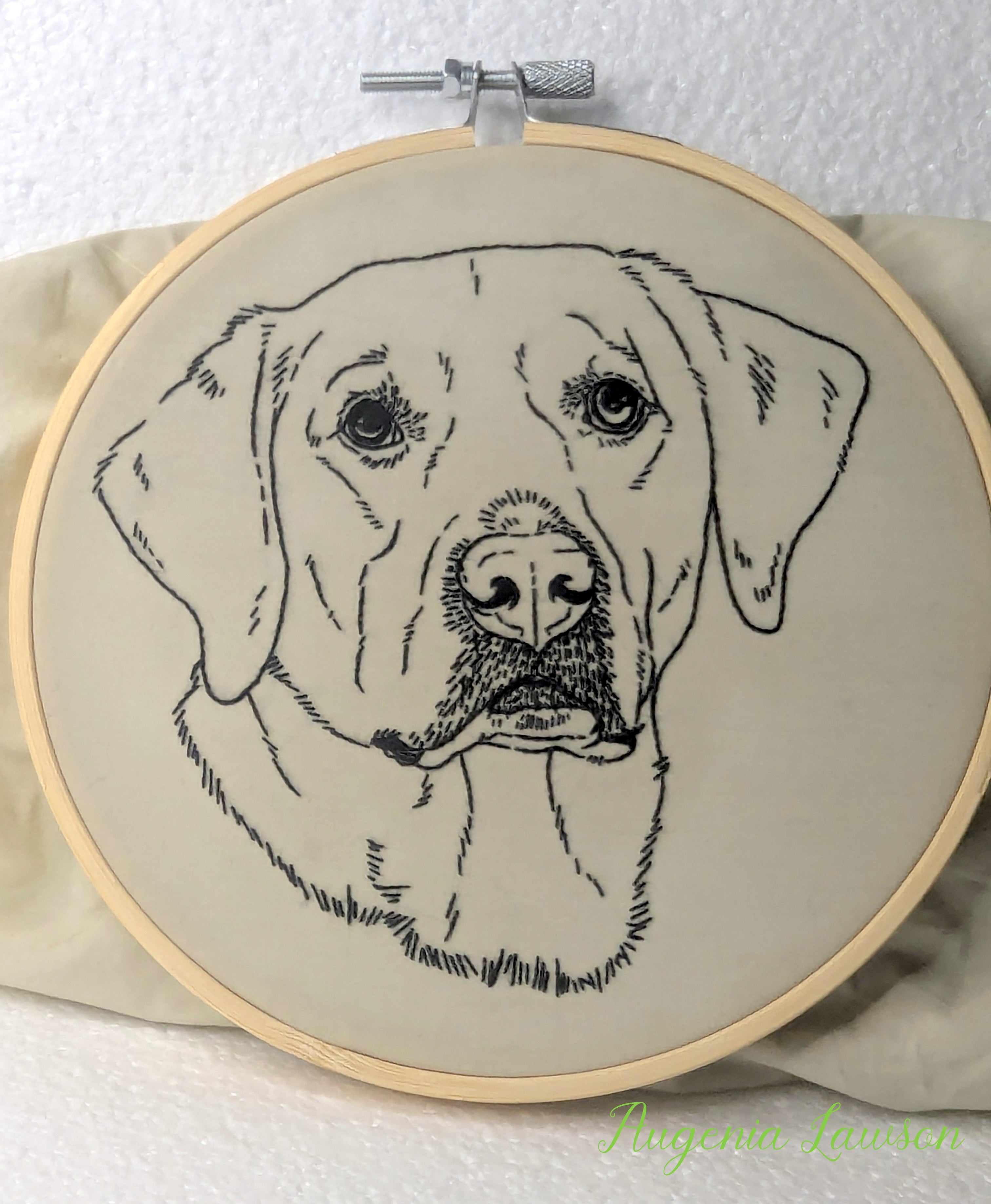 Hand-Embroidered Pet Outline Art – Cat or Dog Design – Black Thread on Neutral Fabric – Wall Hoop Decor