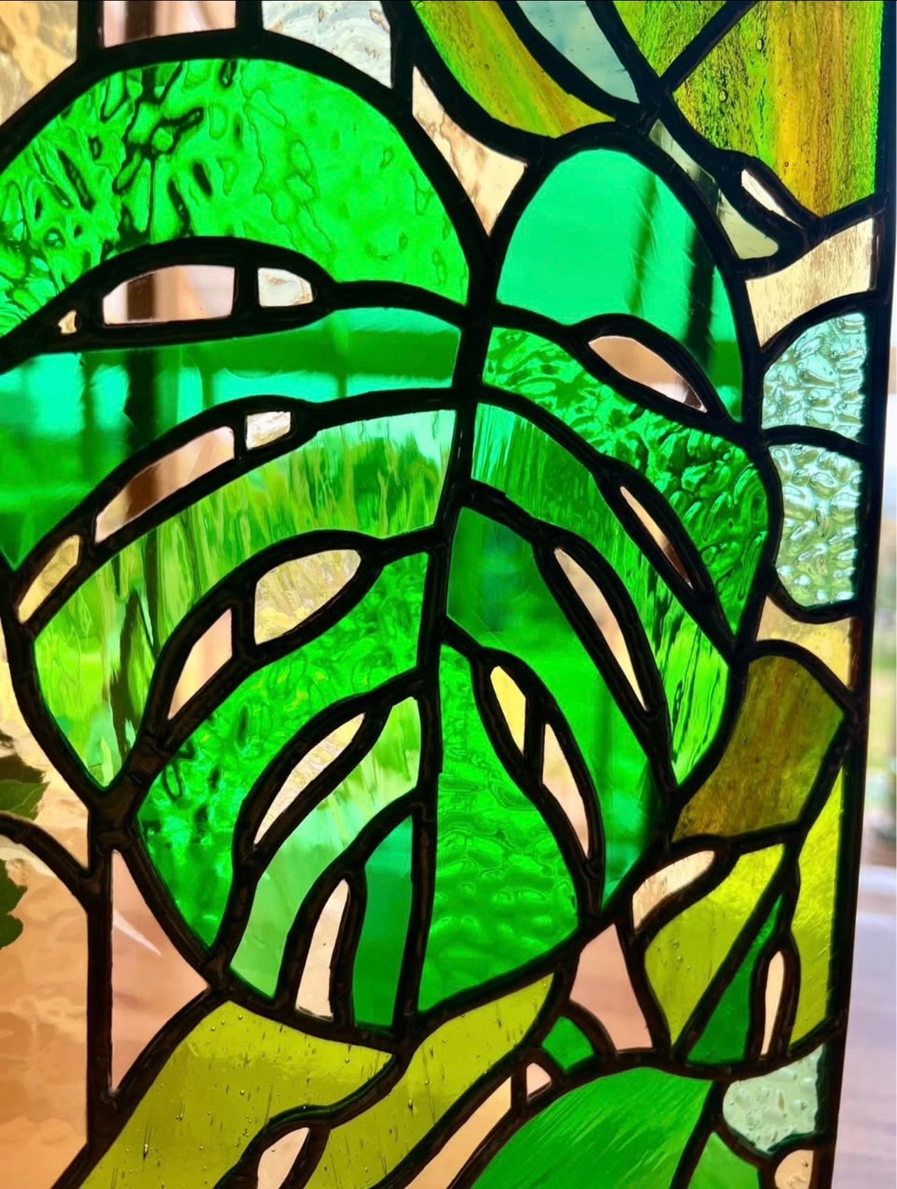 Monstera plant stained glass panel