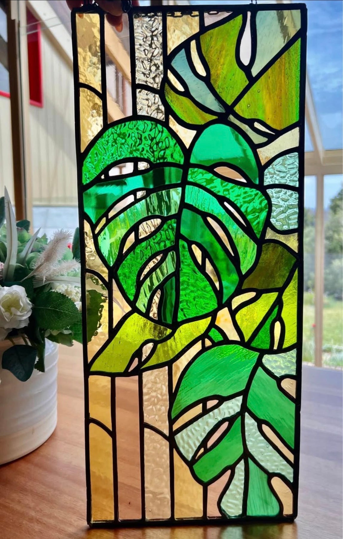 Monstera plant stained glass panel