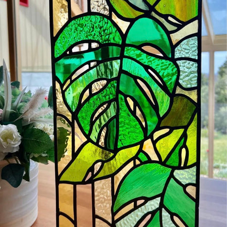 Monstera plant stained glass panel