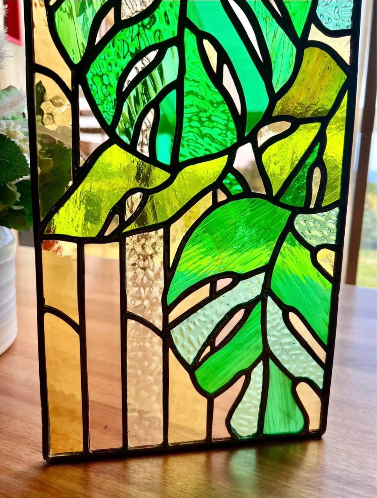 Monstera plant stained glass panel
