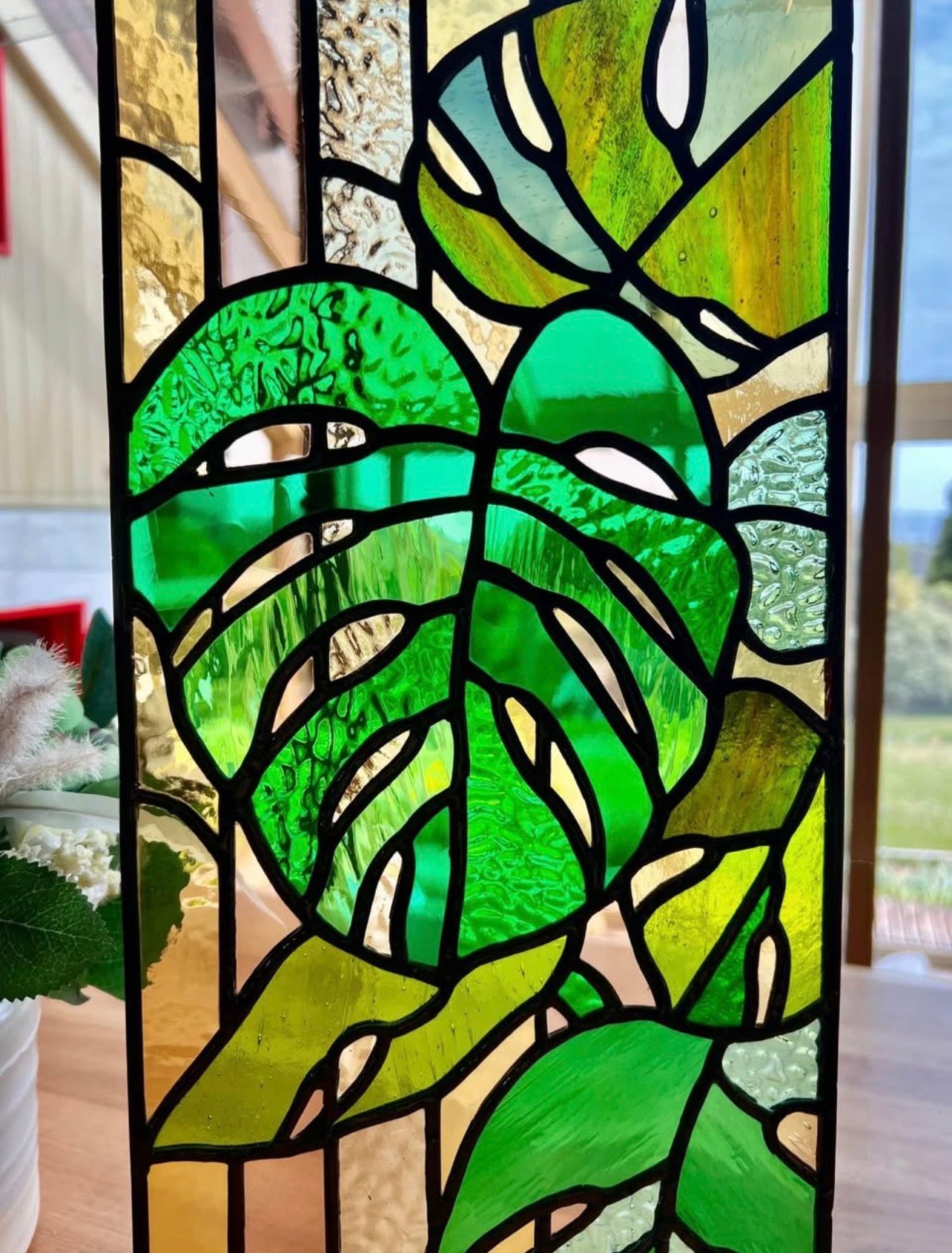 Monstera plant stained glass panel