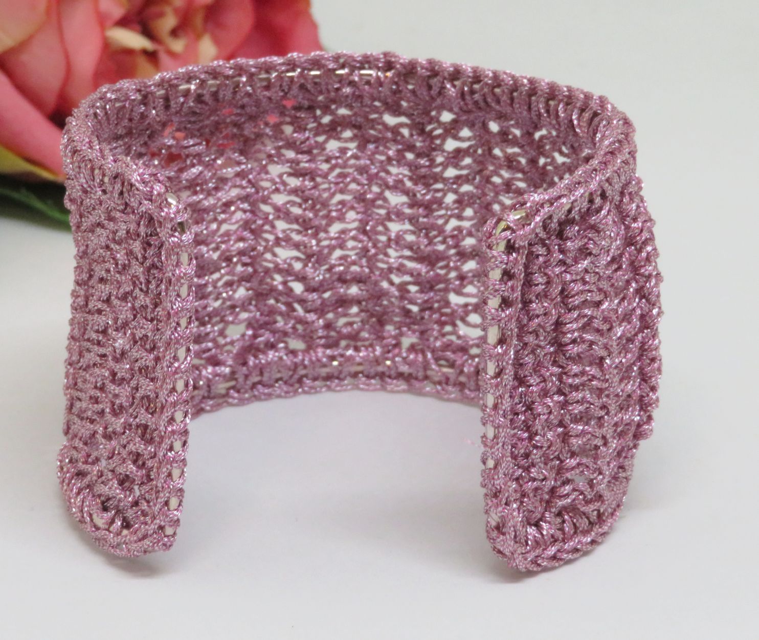 Dusty Pink Bespoke Handmade Crochet Shimmer Thread Cuff Bracelet