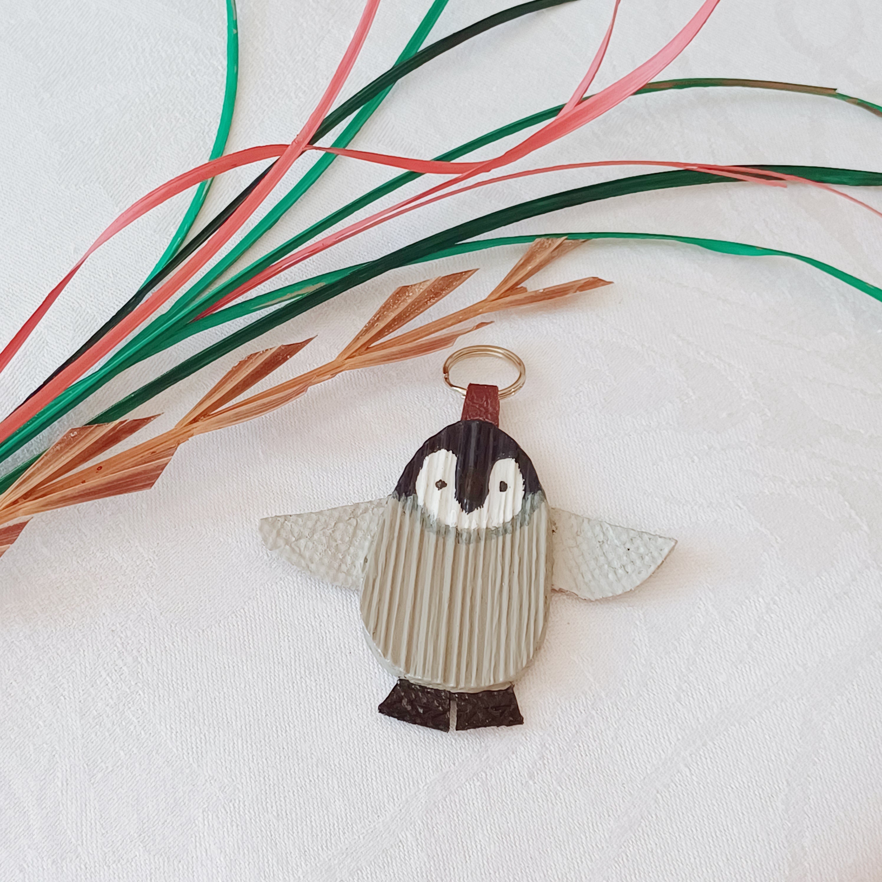 Hand painted Palm Leaf Baby Penguin Keychain