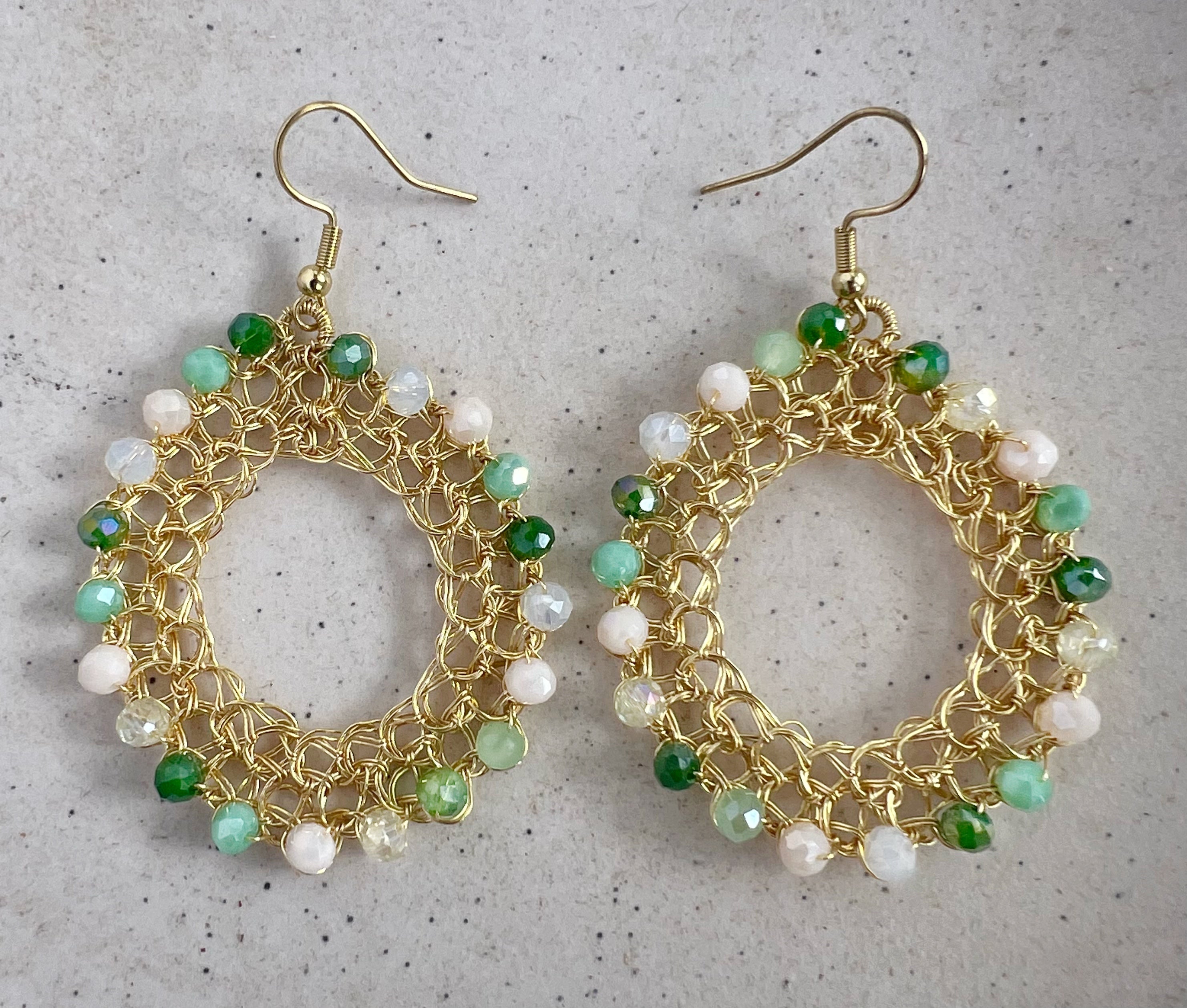 Gold wire hoop earrings with crystals