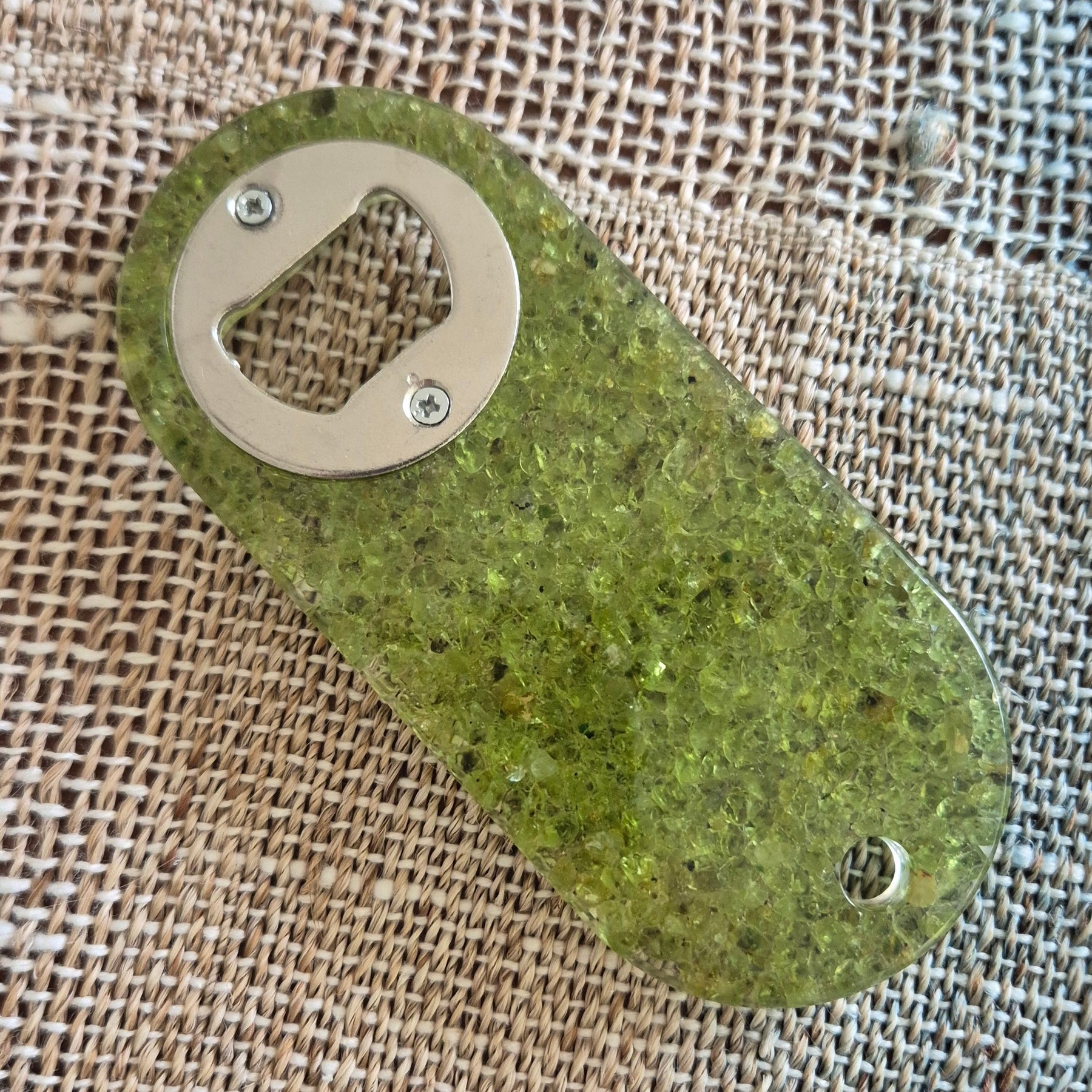 Resin bottle opener and cheese knife set with peridot