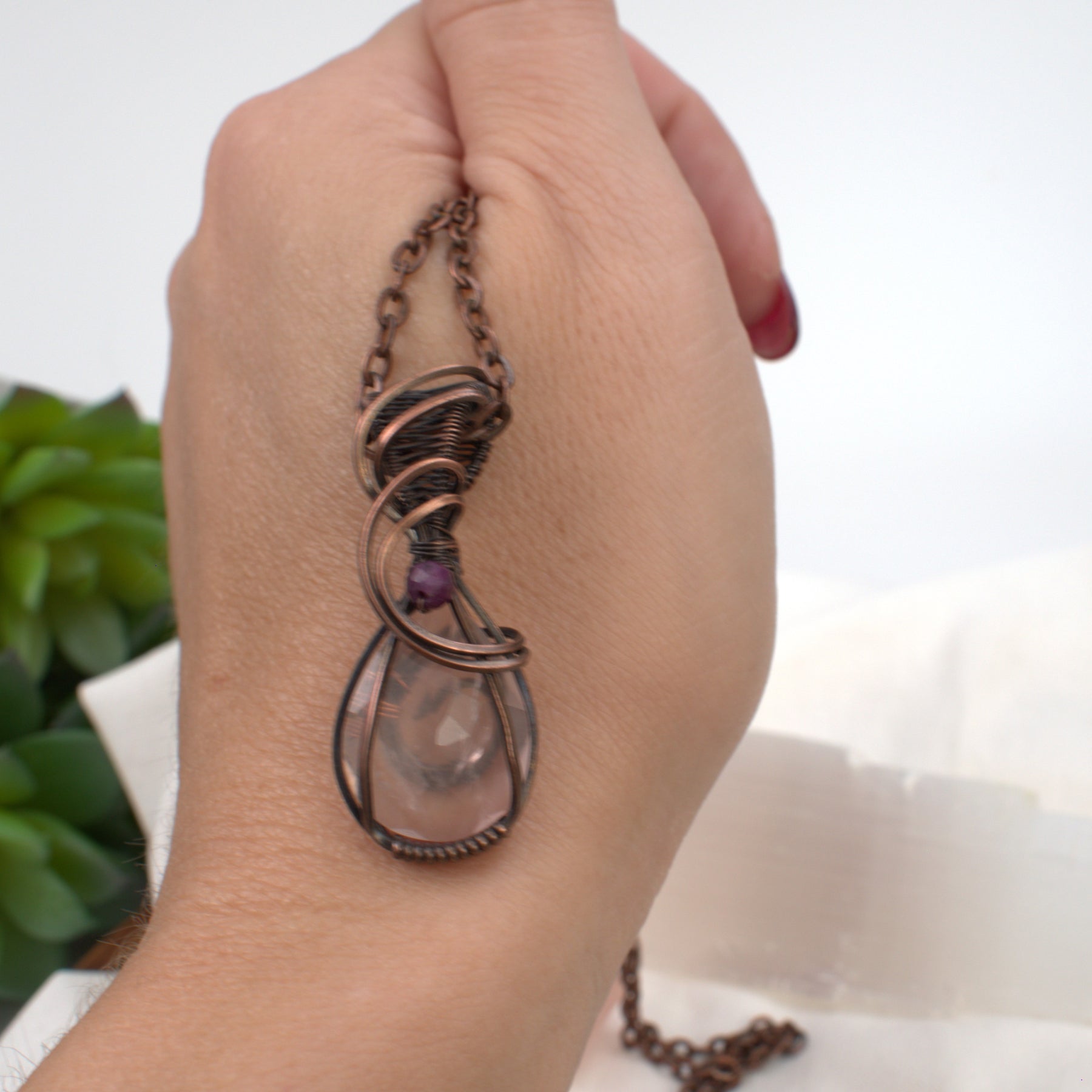 Velvet Blush – Rose Quartz & Ruby Corundum Copper Pendant