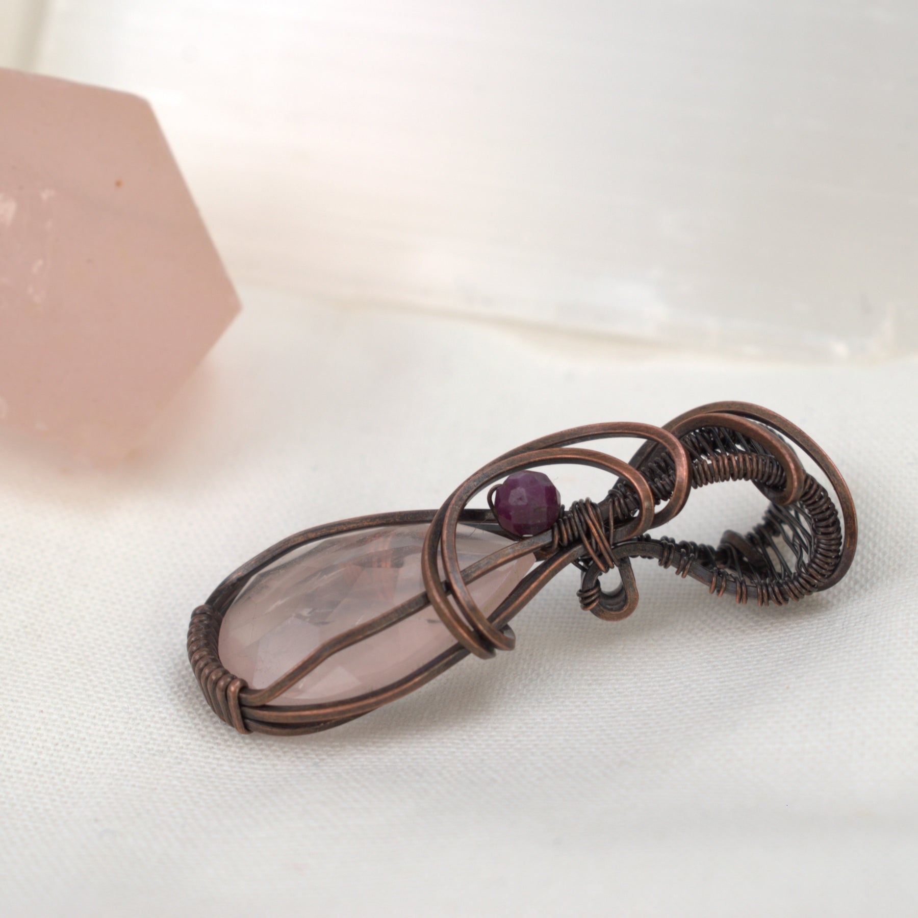 Velvet Blush – Rose Quartz & Ruby Corundum Copper Pendant