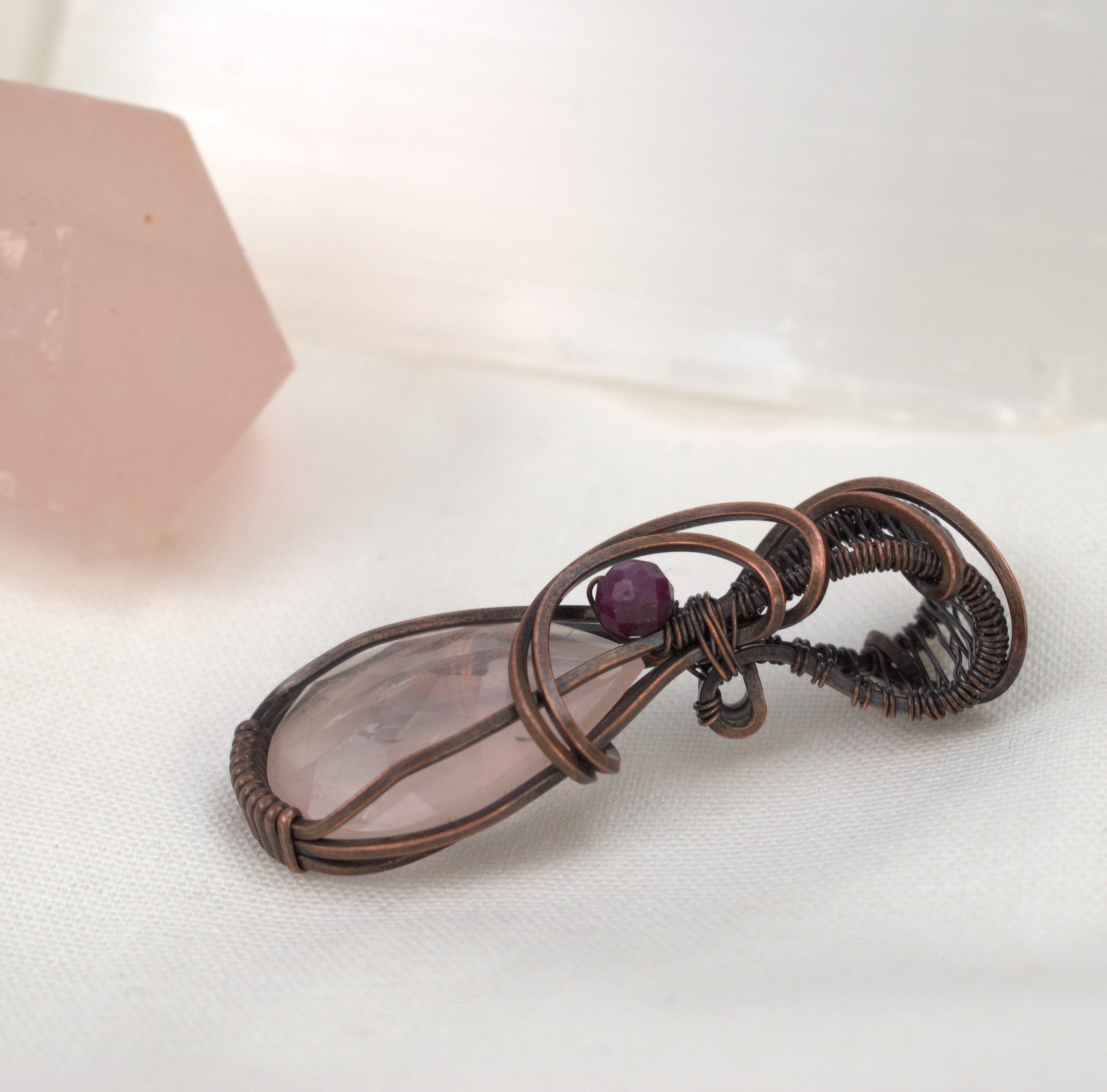 Velvet Blush – Rose Quartz & Ruby Corundum Copper Pendant