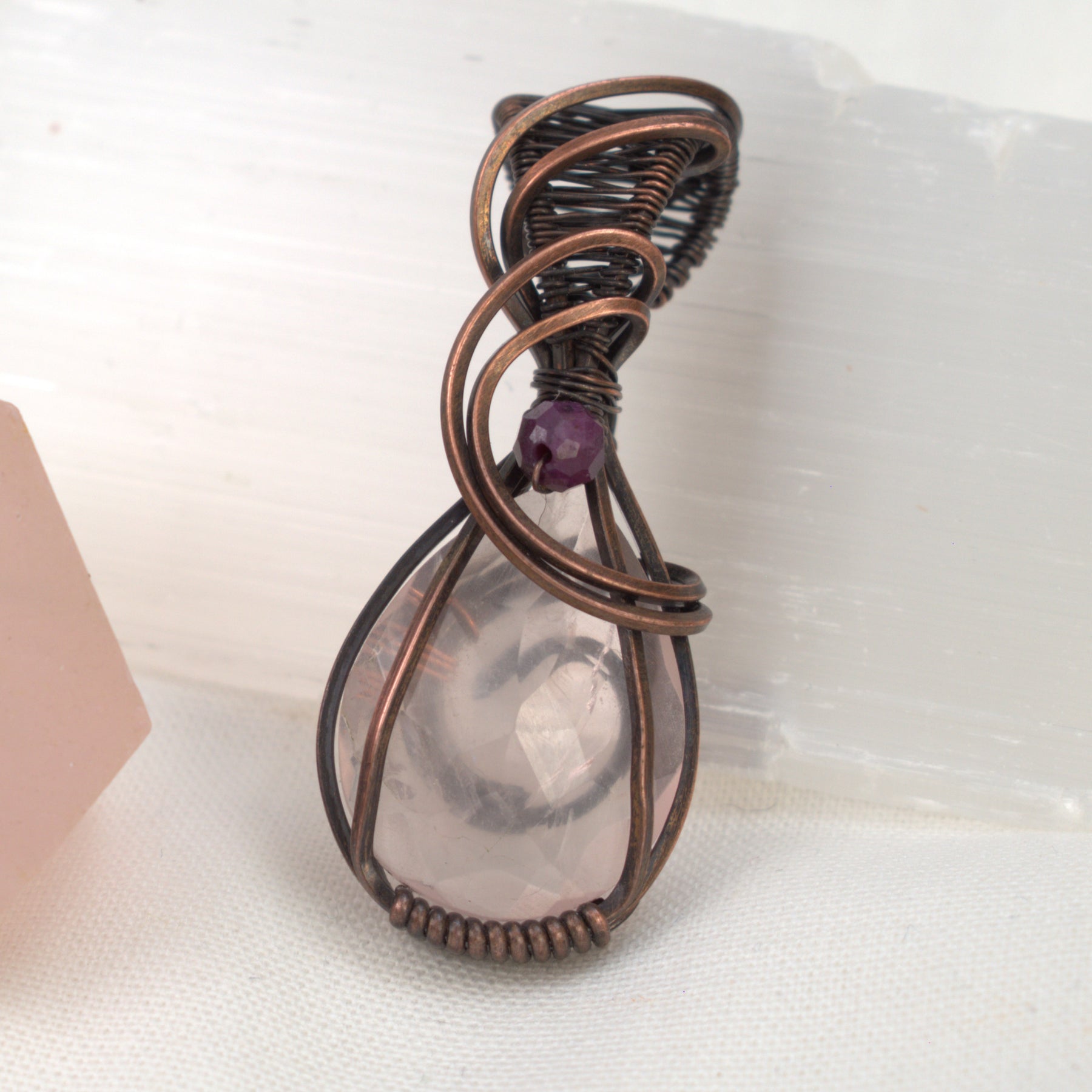 Velvet Blush – Rose Quartz & Ruby Corundum Copper Pendant