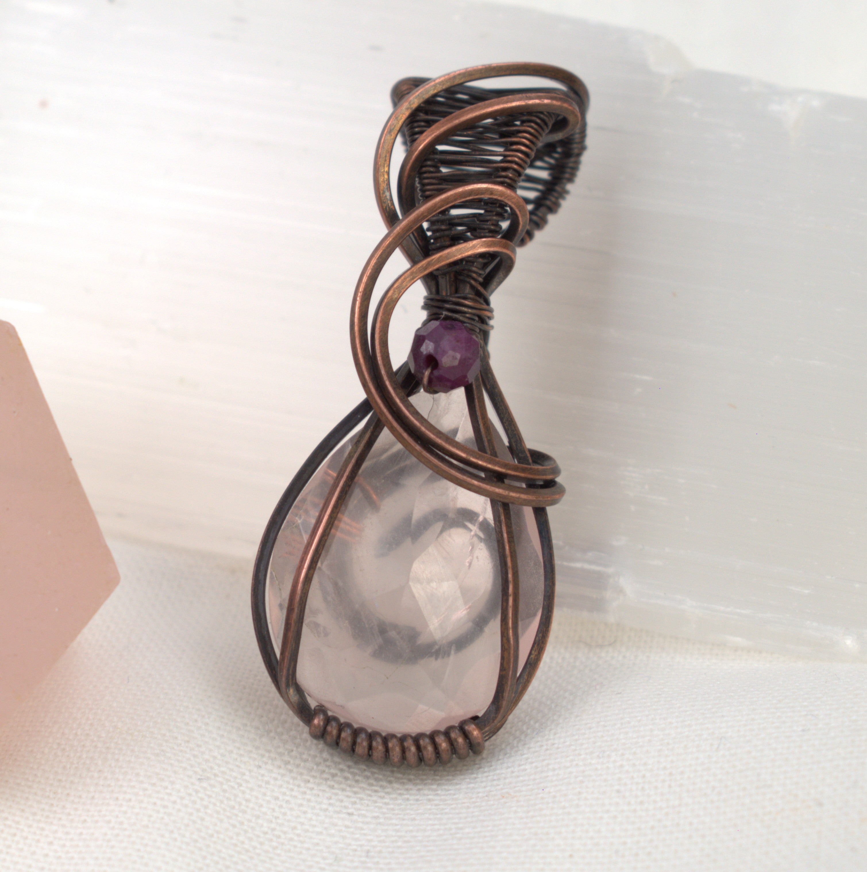 Velvet Blush – Rose Quartz & Ruby Corundum Copper Pendant