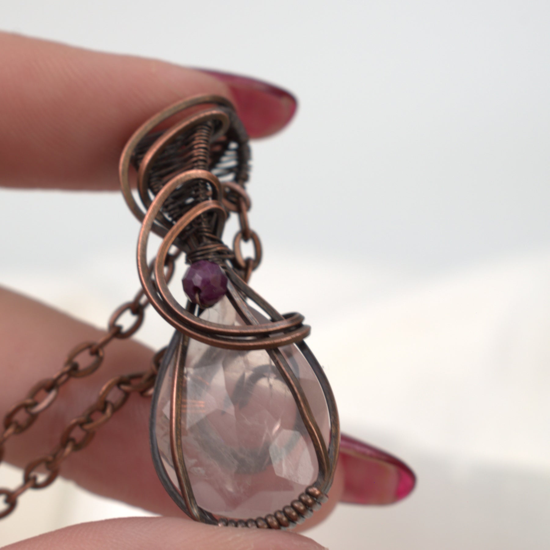 Velvet Blush – Rose Quartz & Ruby Corundum Copper Pendant