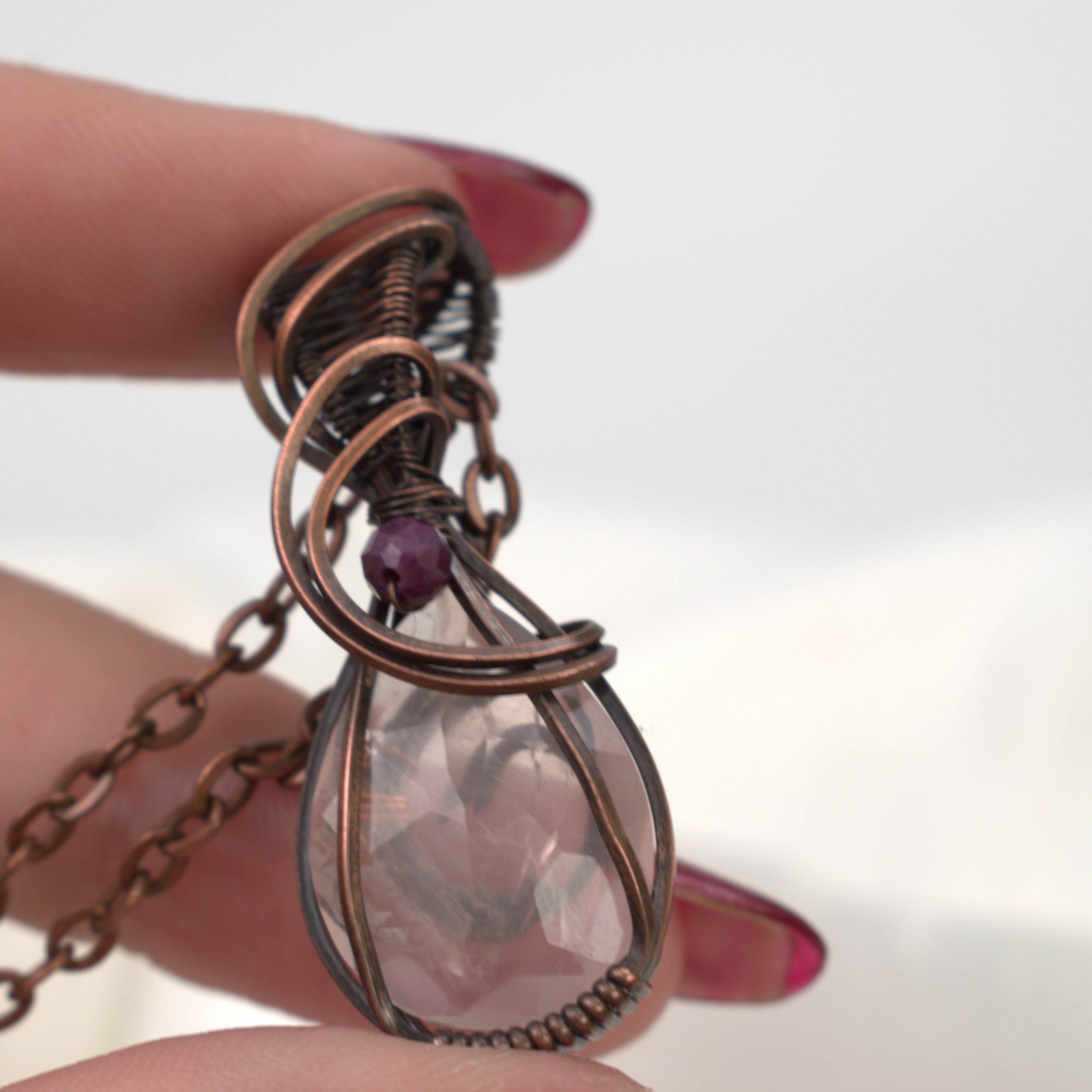 Velvet Blush – Rose Quartz & Ruby Corundum Copper Pendant