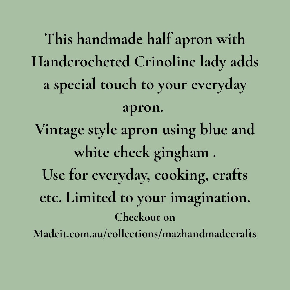Blue gingham apron with hand crocheted lady