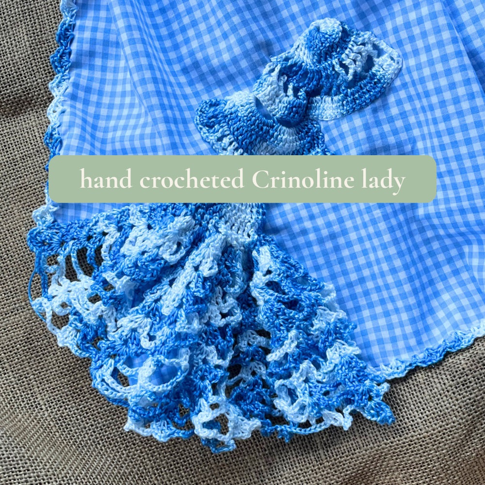 Blue gingham apron with hand crocheted lady