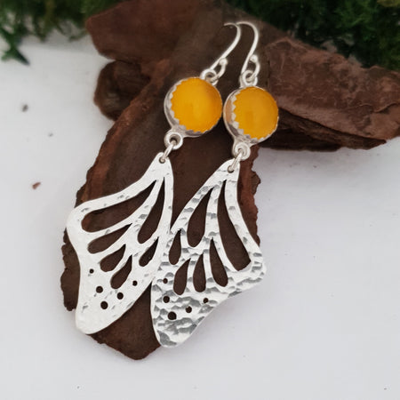 Silver butterfly wings earrings with yellow chalcedony