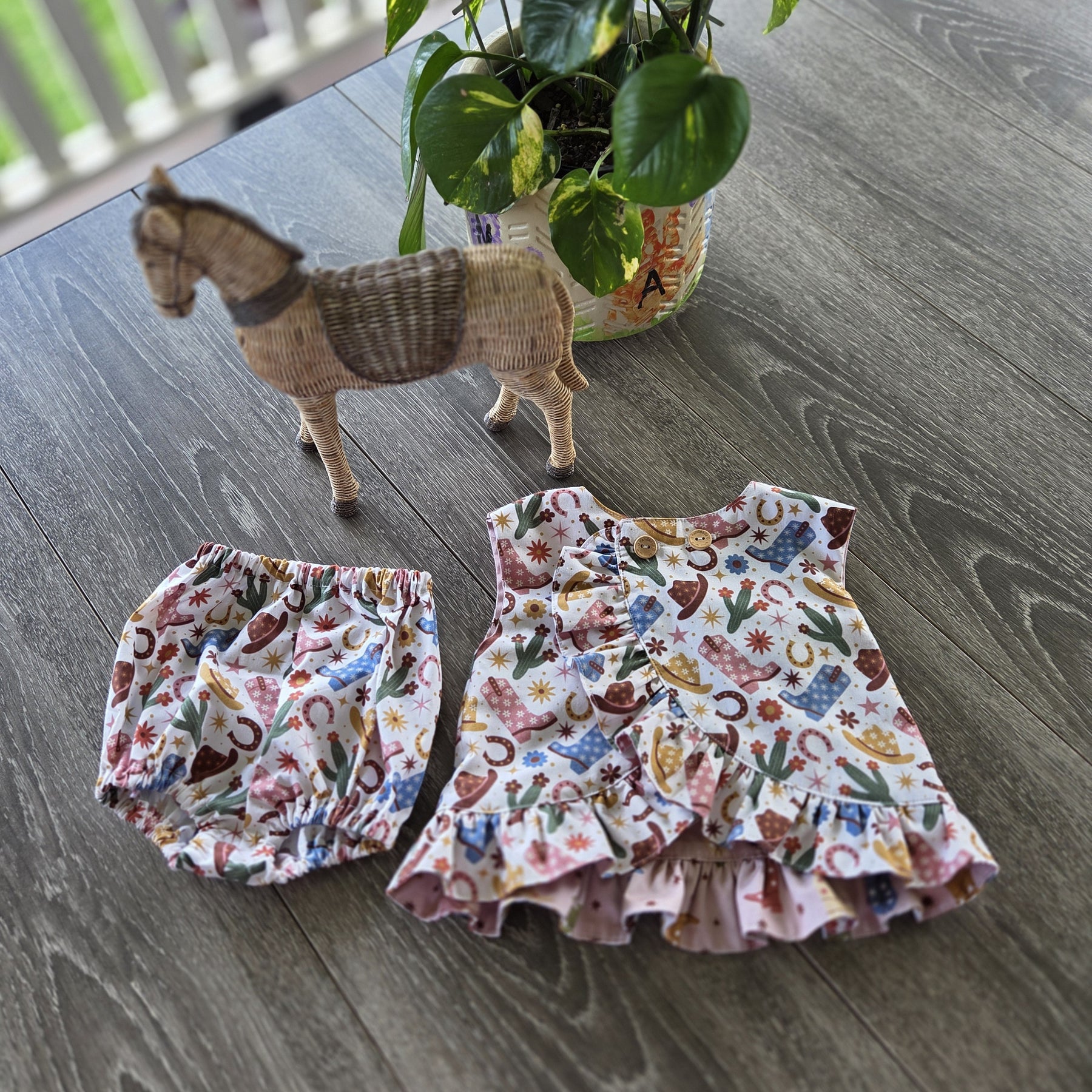 "Little Cowgirl Dreams" Reversible Wrap Top & Bloomers (3-6 Months)