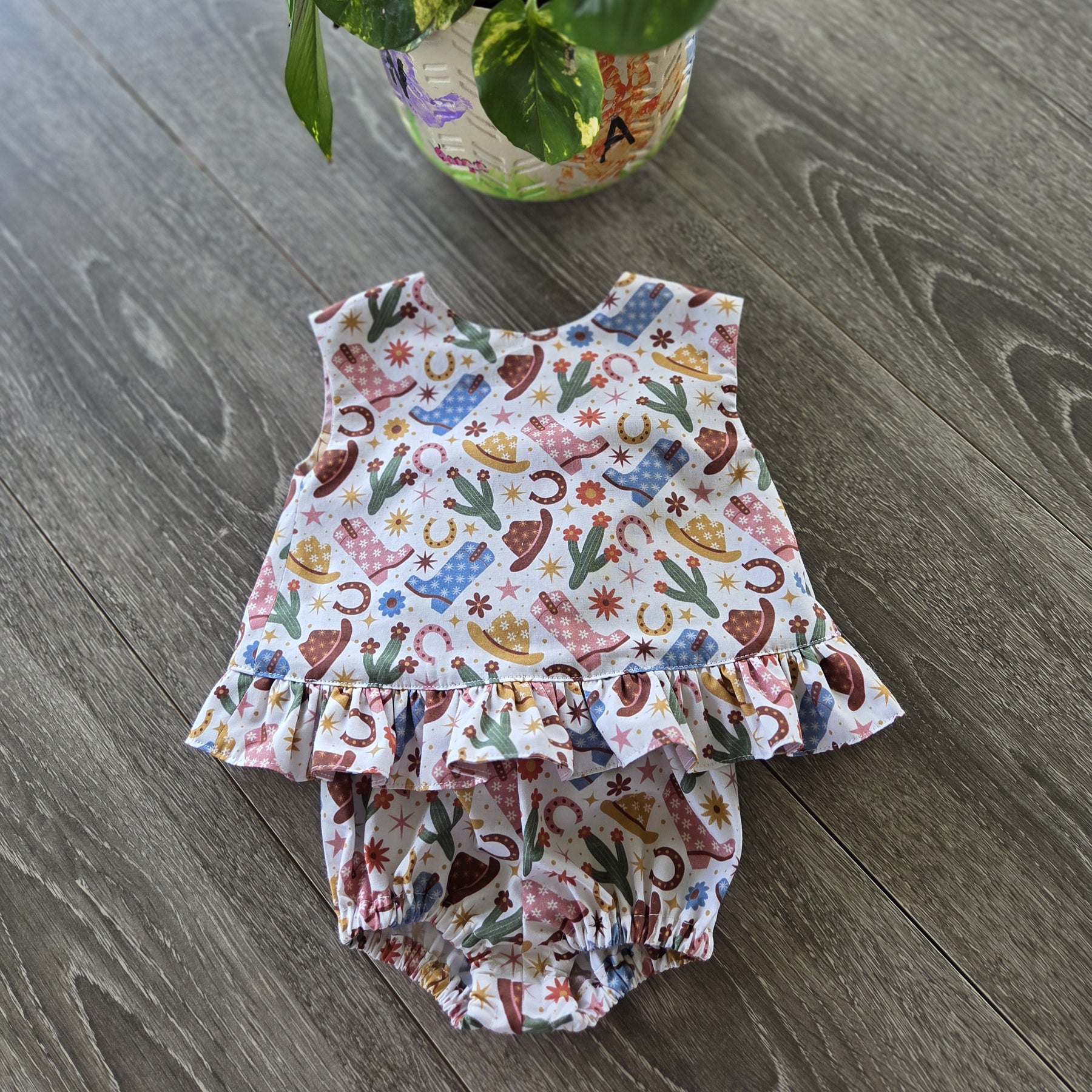 "Little Cowgirl Dreams" Reversible Wrap Top & Bloomers (3-6 Months)